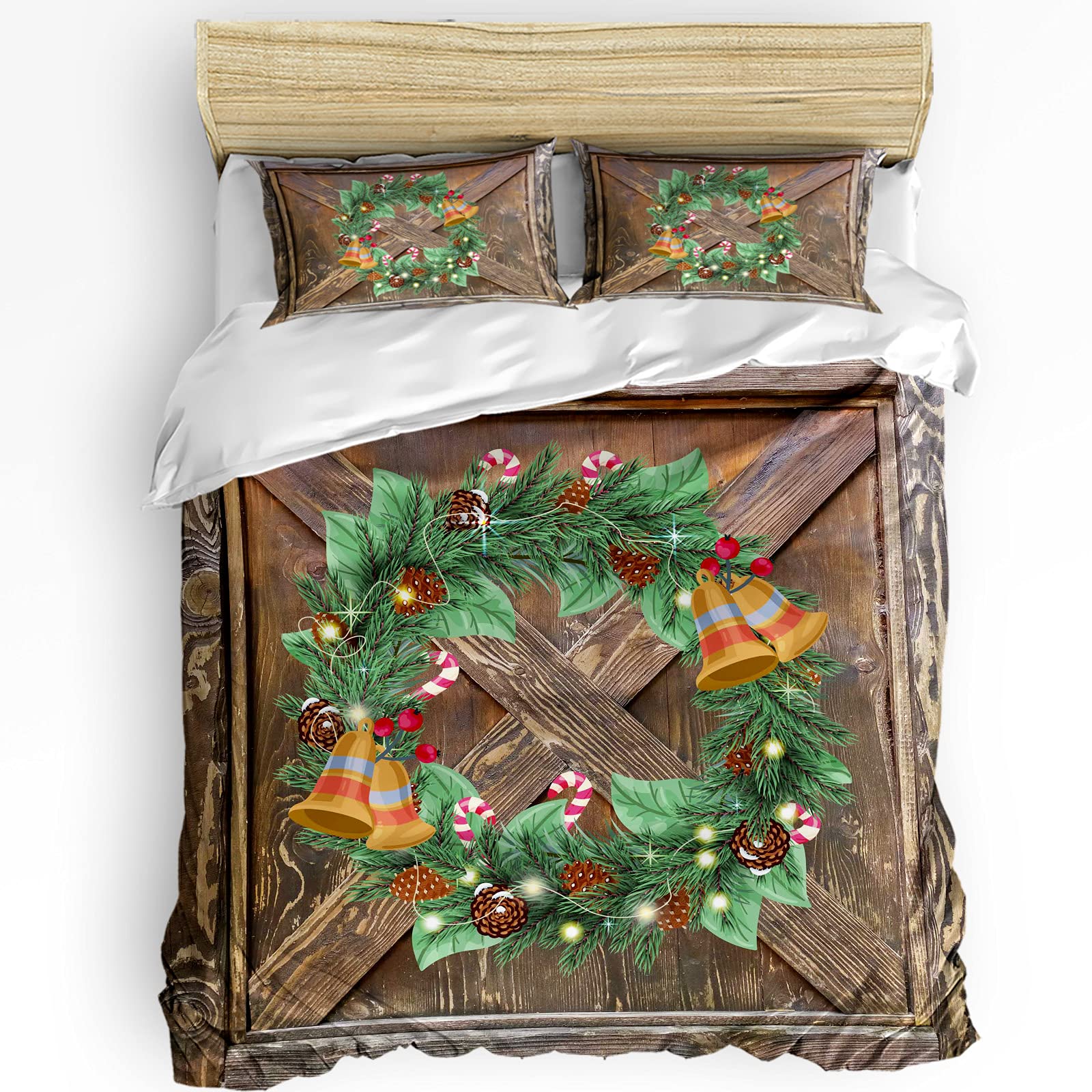 3-Piece Christmas Duvet Cover Set for California King Bed - Merry Christmas Bells & Wreath Design with Comforter & 2 Pillow Shams | Cozy Holiday Bedroom Decor for Winter Season