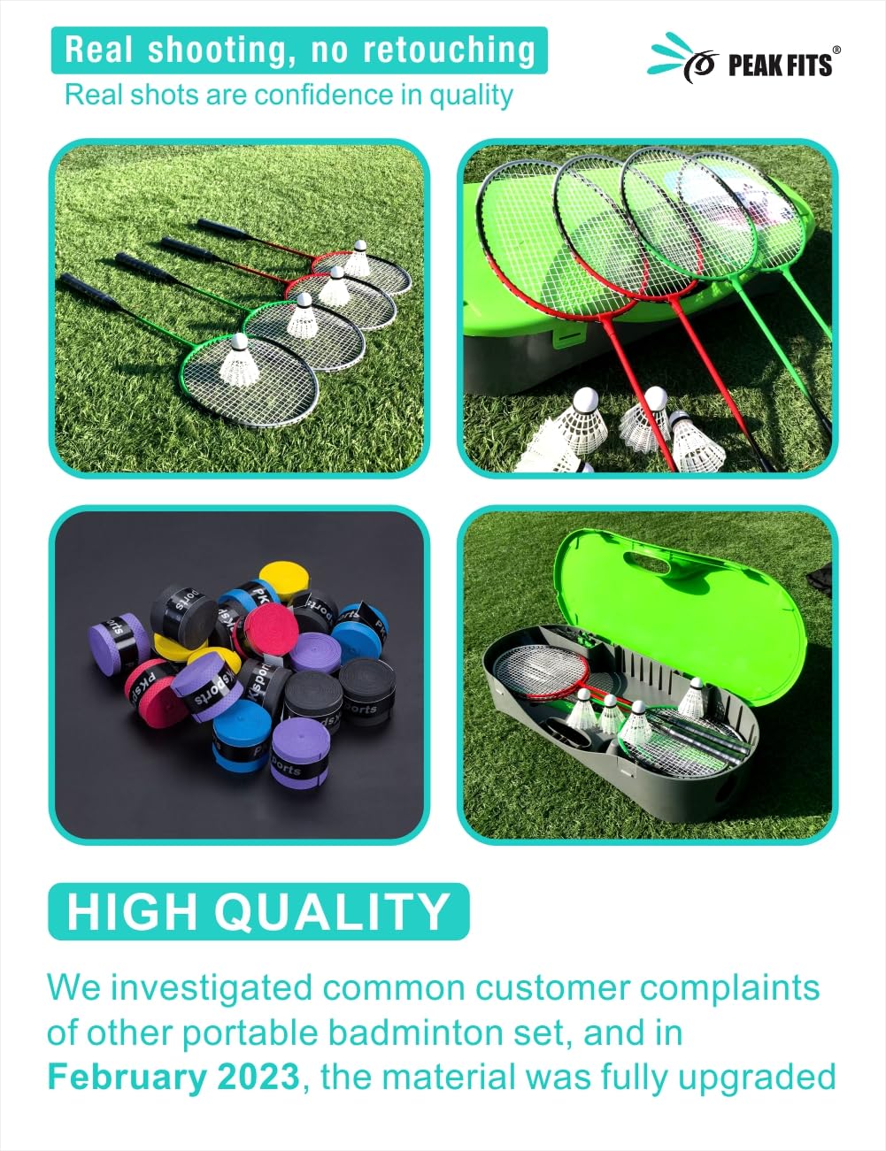 Portable Badminton Net Set with 4 Graphite Rackets - Folding Volleyball & Badminton Net for Backyard, Includes 8 Grip Tapes & 4 Shuttlecocks - Perfect for Family Games, Outdoor Sports & Beach Activities