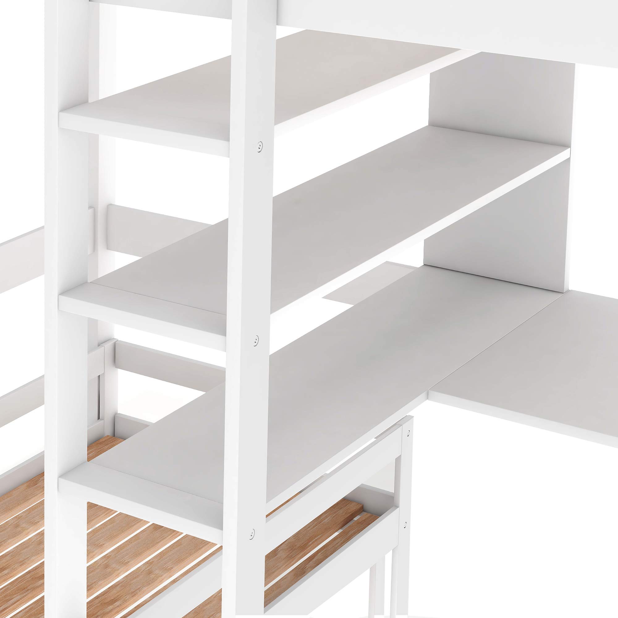 Olela Twin Bunk Bed with Shelves & Ladder - Convertible Loft Bed with Built-in Desk & Cushioned Seat for Kids - Space-Saving Bedroom Furniture for Boys & Girls - Perfect for Small Rooms, Dorms & Shared Kids' Bedrooms (White)