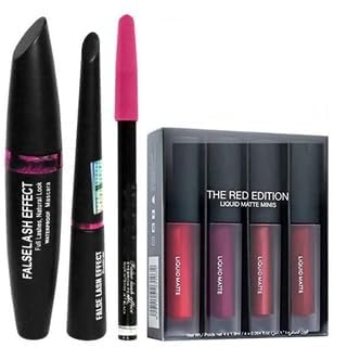 Qul.W Liquid Matte Minis Lipstick Set - Red Edition (6ml) with 3-in-1 Eyeliner, Mascara & Eyebrow Pencil Combo - 7-Piece Makeup Kit for Party, Date Night & Special Occasions