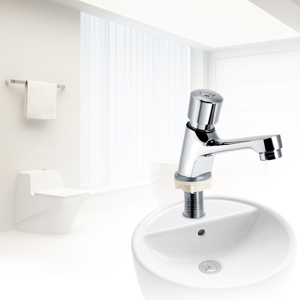 Delaman Automatic Shut-Off Timer Faucet - Chrome Water Saving Touchless Kitchen & Bathroom Sink Faucet with Push Button - Perfect for Eco-Friendly Homes & Commercial Spaces
