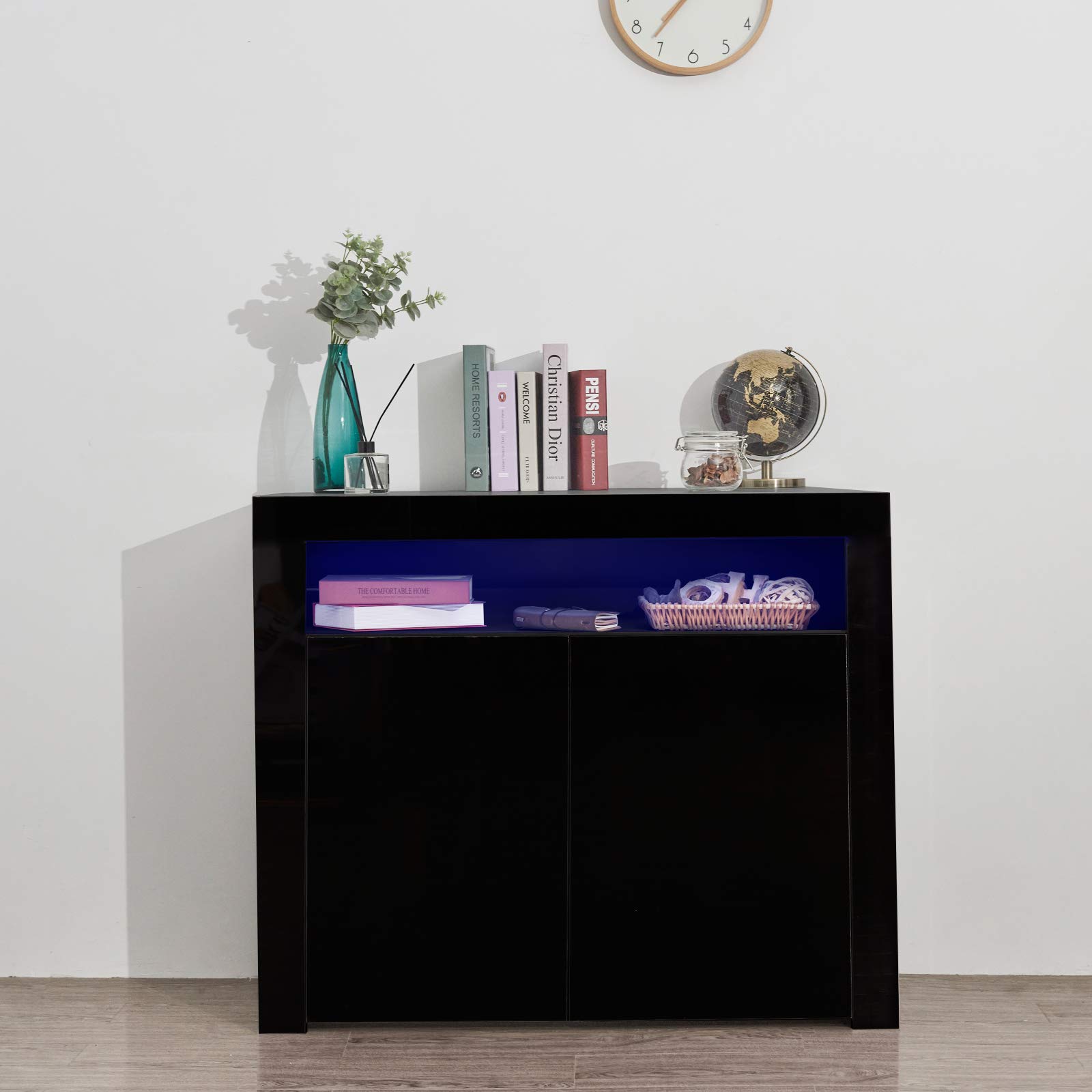 Modern High Gloss Black LED Sideboard Cabinet - Kitchen Buffet Storage Unit with LED Lights for Dining Room & Living Room | Space-Saving Organizer for Dishes, Linens & Home Decor