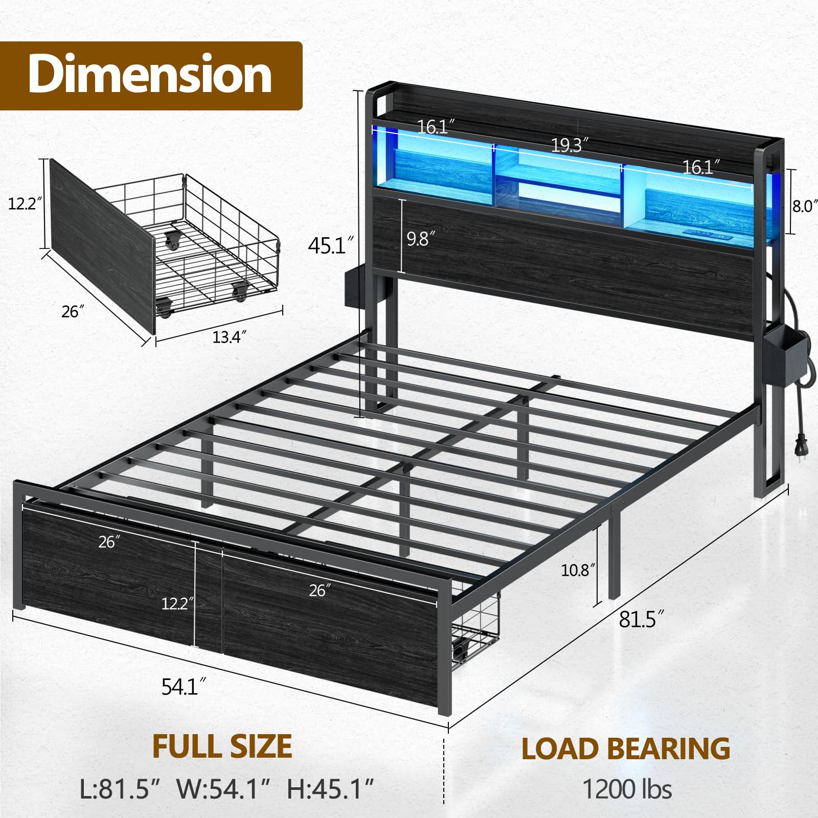 Full Size Bed Frame with Wood Headboard & Storage Drawers - Sturdy Metal Platform Bed with LED Lights, USB Charging Station & Shelf - No Box Spring Needed, Noise Free, Black - Perfect for Small Spaces, Dorms & Modern Bedrooms