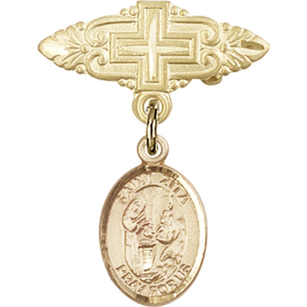 Gold Filled Baby Badge with St. Zita Charm & Cross Pin - 1 X 3/4 Inch Religious Jewelry for Baptism, Christening & First Communion Gifts