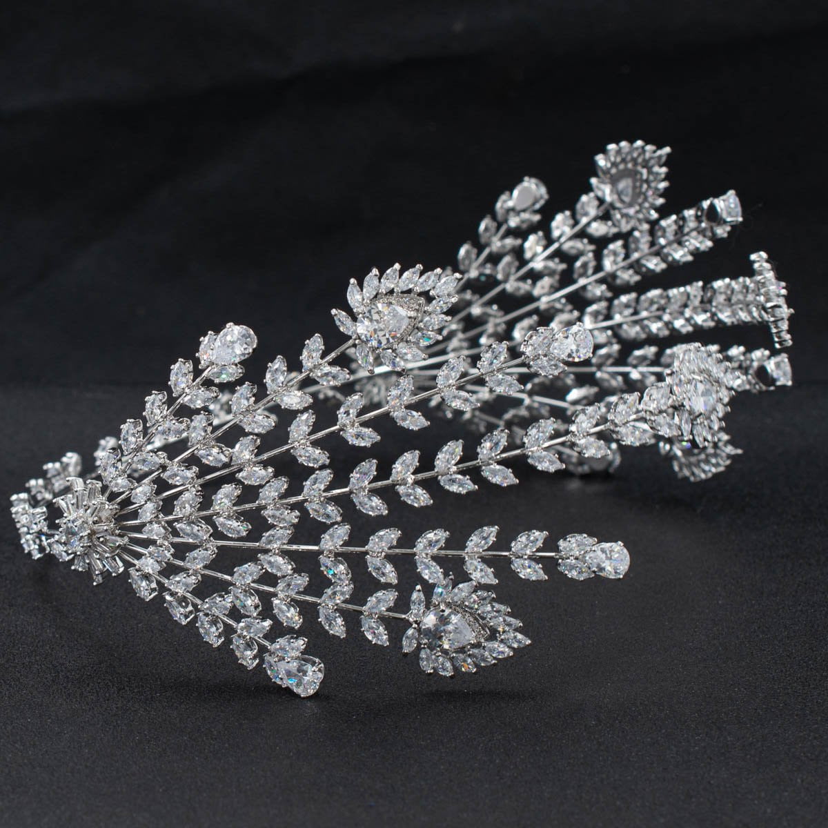 3/4 Round Cubic Zirconia Bridal Wedding Headband - Feather Hair Tiara for Women | Elegant Bride Accessory for Weddings, Prom, Parties & Special Occasions