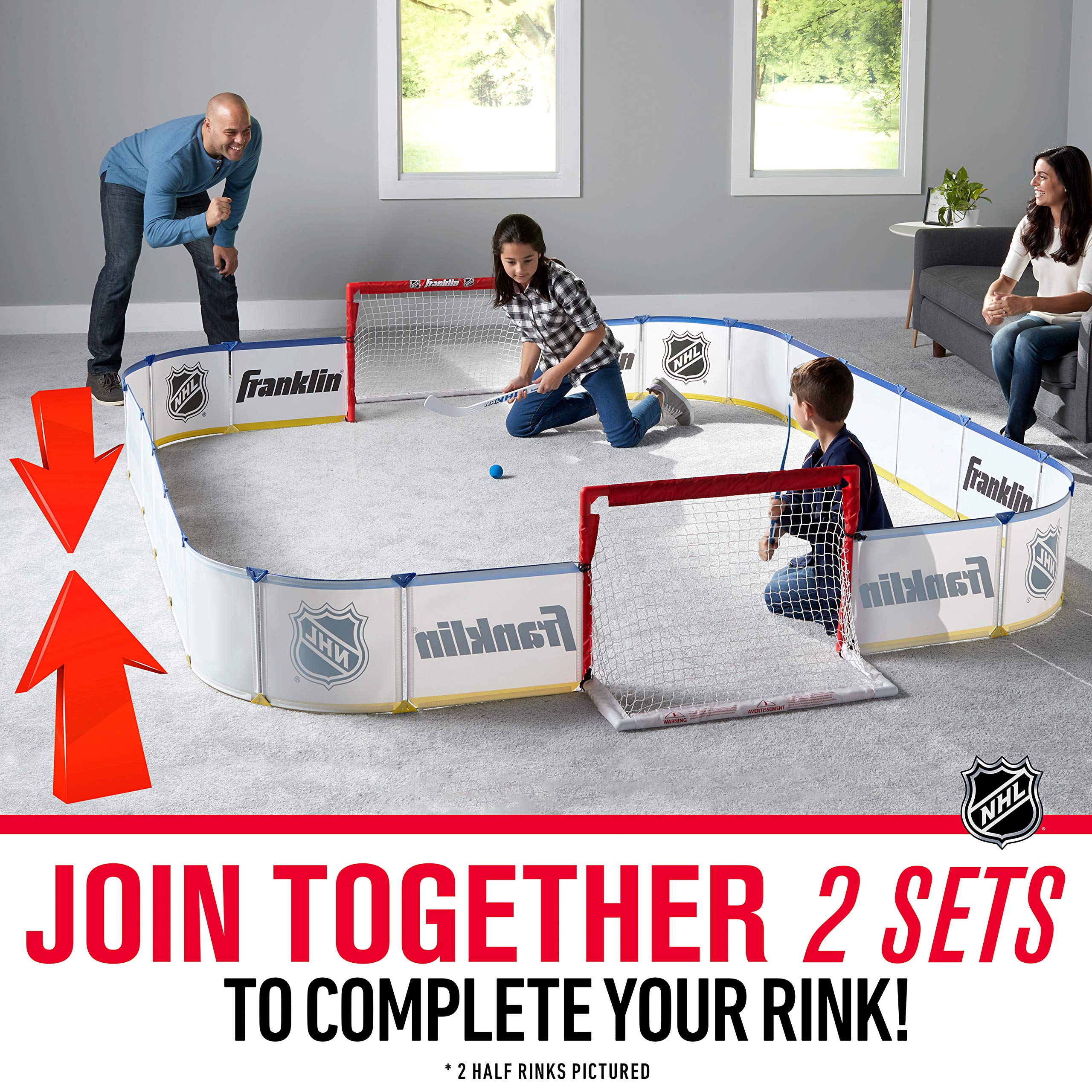 Franklin Sports Mini Hockey Rink Set - NHL Licensed Indoor Knee Hockey Game with 2 Mini Sticks, Ball & Half Rink Goal - Perfect for Kids, Family Playroom, Basement & Backyard Fun
