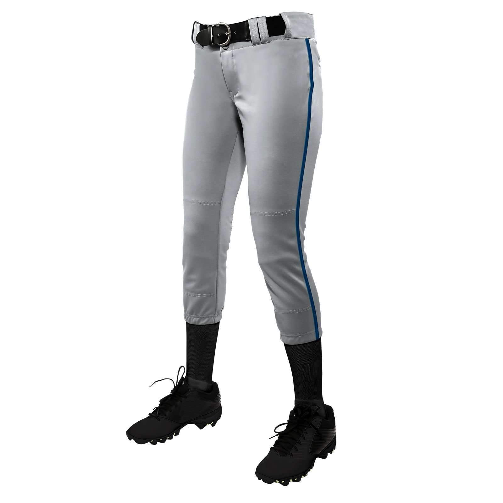 CHAMPRO Youth Tournament Low Rise Piped Fastpitch Softball Pants - Grey/Navy - Size L | Durable & Comfortable for Girls Softball Games & Practices