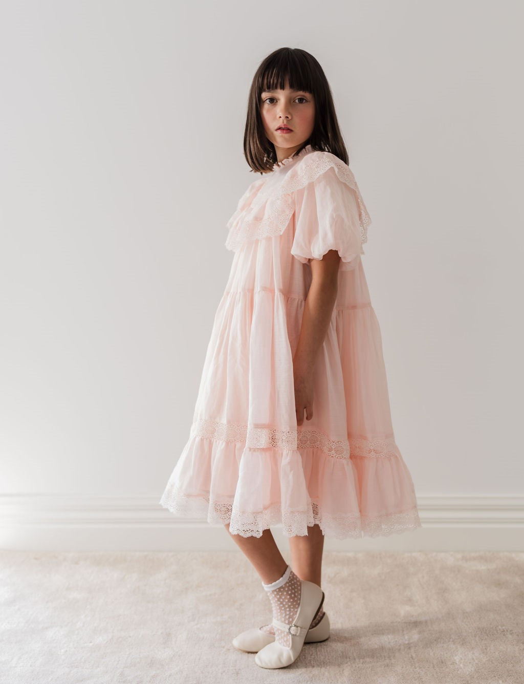 Petite Amalie Short Sleeve Poppy Lace Trim Soft Peach Dress - Perfect for Spring Weddings & Garden Parties