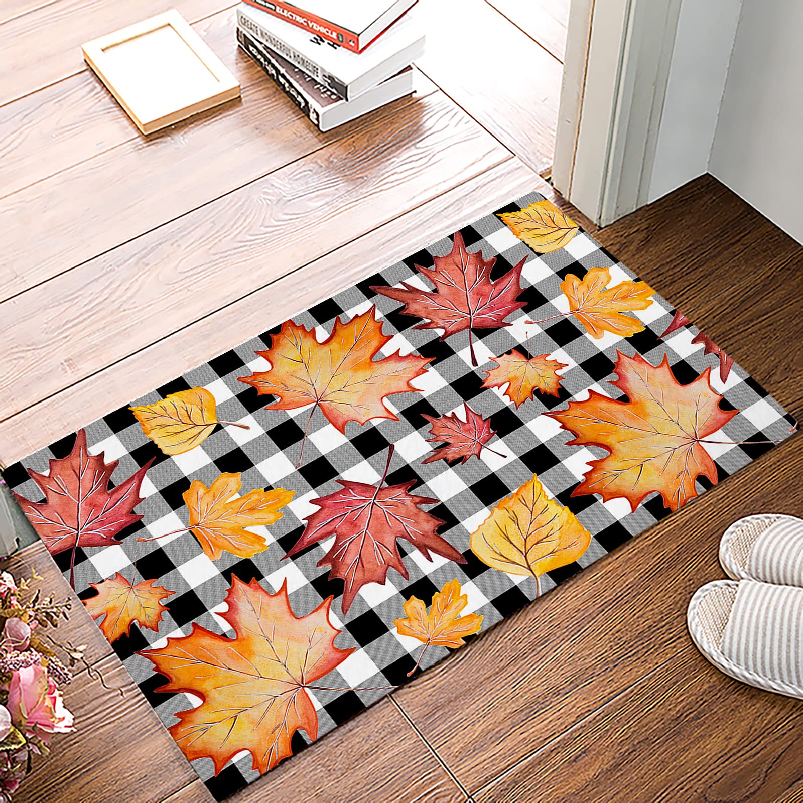 Thanksgiving Doormat - Non-Slip Autumn Maple Leaf & Buffalo Plaid Welcome Rug for Front Door, Indoor Entrance - 20x31.5 Inch Cozy Floor Mat for Bedroom, Office, Kitchen & Bathroom - Perfect for Fall Decor & Holiday Home Warmth