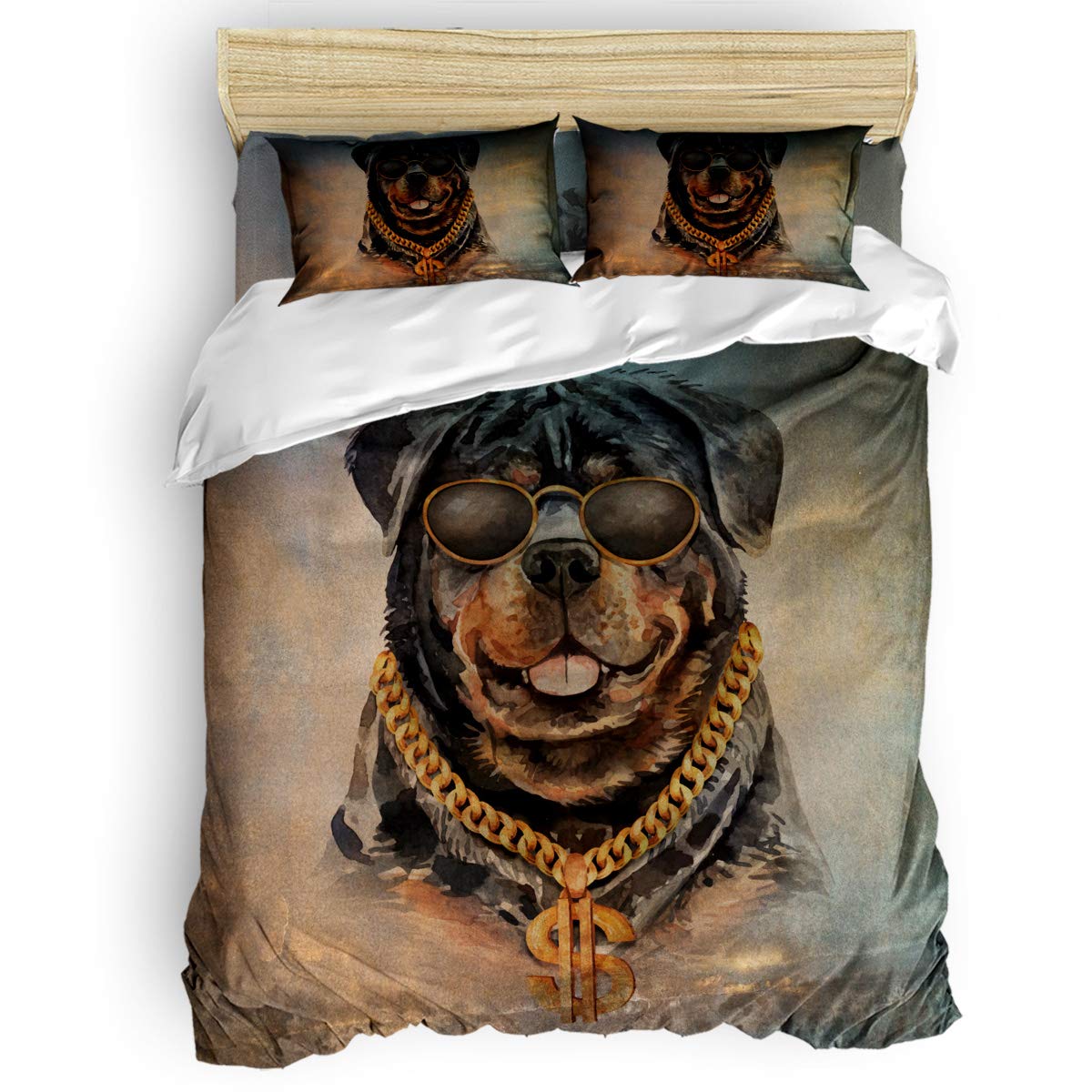 Printed 4-Piece Duvet Cover Set Queen Size - Soft Rottweiler Dog with Sunglasses Animal Pattern Bedding Set Includes Duvet Cover, Fitted Sheet & Pillowcases for Kids & Adults - Perfect for Cozy Bedrooms, Guest Rooms & Dorm Decor