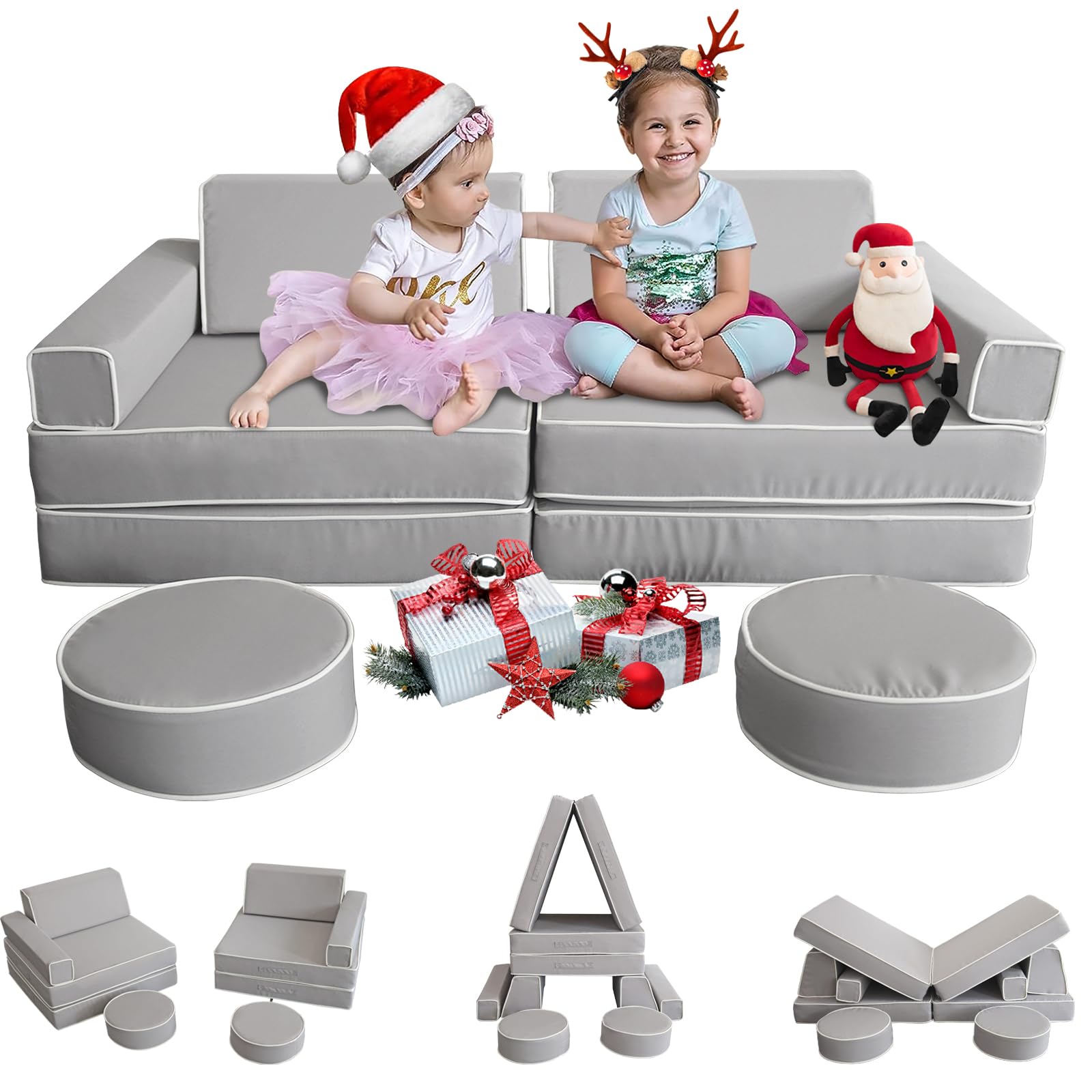 Modular Kids Play Couch - Convertible Foam Sectional Sofa for Toddlers & Children | Grey Floor Cushion for Bedroom, Playroom & Imaginative Play | Durable & Safe for Boys & Girls