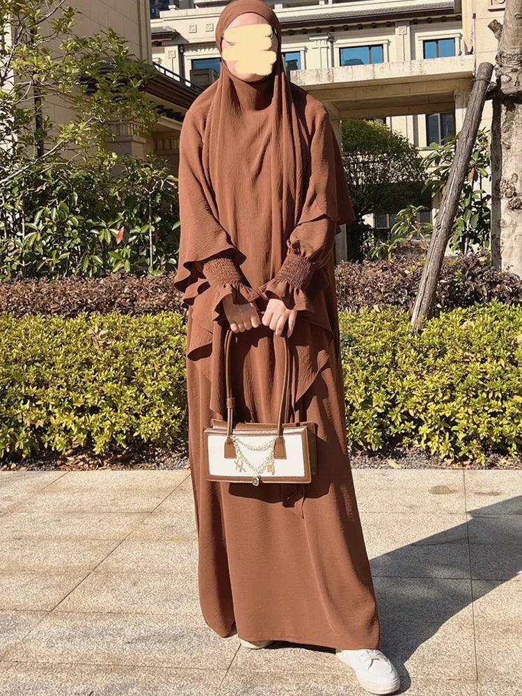 2-Piece Abaya Khimar Set - Long Triangle Hijab & Smocked Cuff Dress for Women | Islamic Modest Wear for Prayer, Mosque & Special Occasions