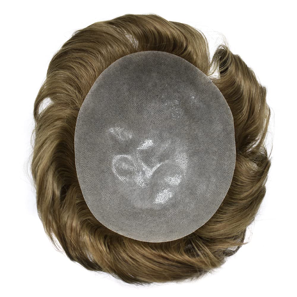 100% European Human Hair Toupee for Men - 0.12mm Thin Skin V-Looped Hair Replacement System with Durable Poly Base (8