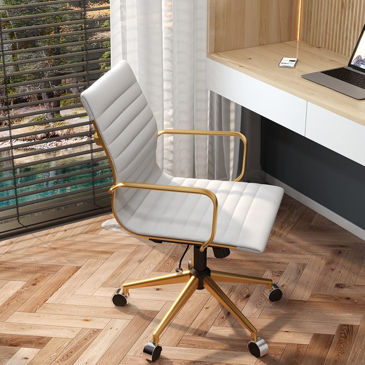 White Gold Ergonomic Office Chair - Modern Adjustable Desk Chair with Lumbar Support for Home & Office Workspace (3011 Gold White) - Perfect for Long Hours of Work, Gaming & Study