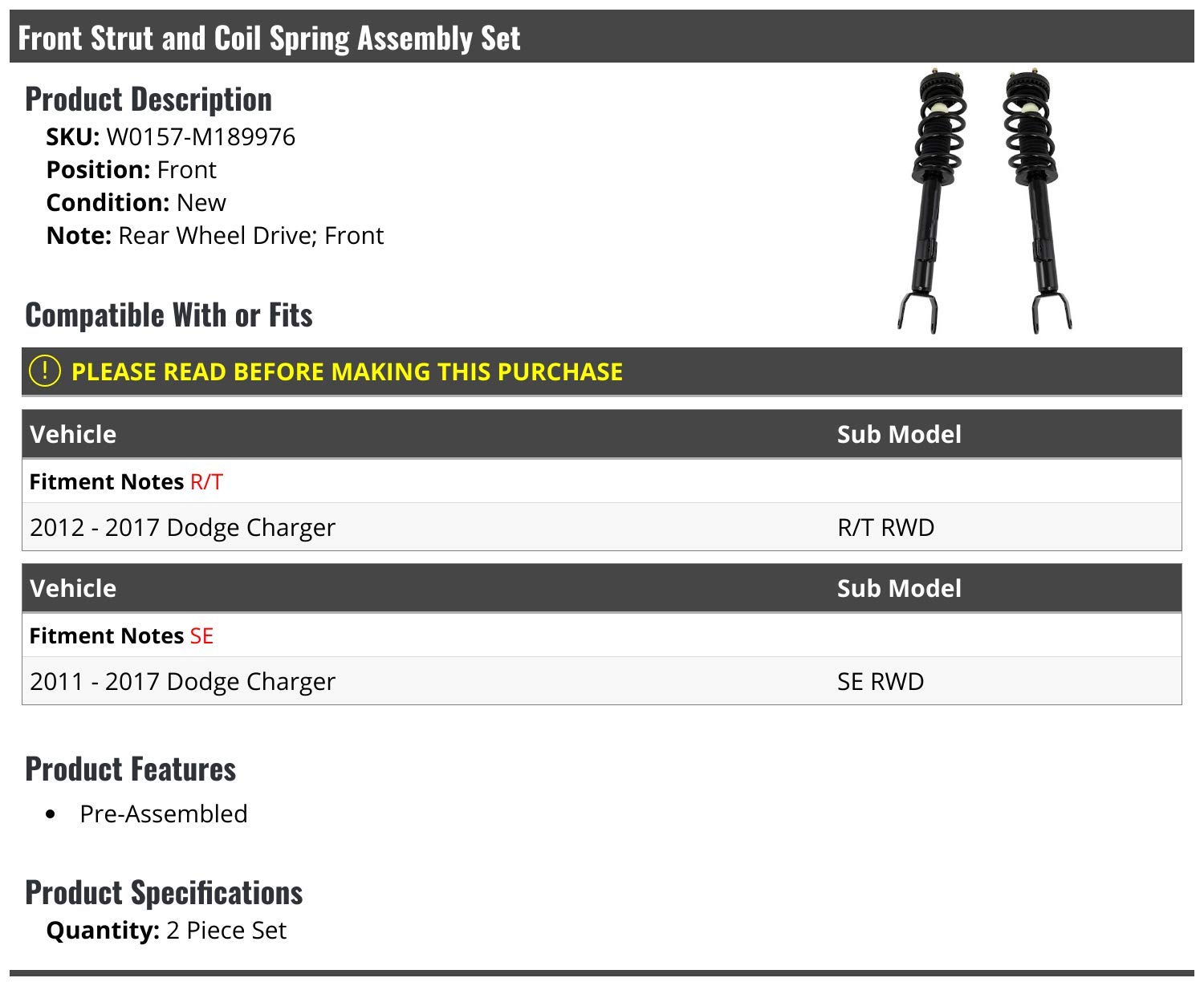 Dodge Charger Front Strut and Coil Spring Assembly Set of 2 - Compatible with 2011-2017 Models - Perfect for Smooth Ride & Suspension Repair - Ideal for DIY Auto Maintenance & Performance Upgrade