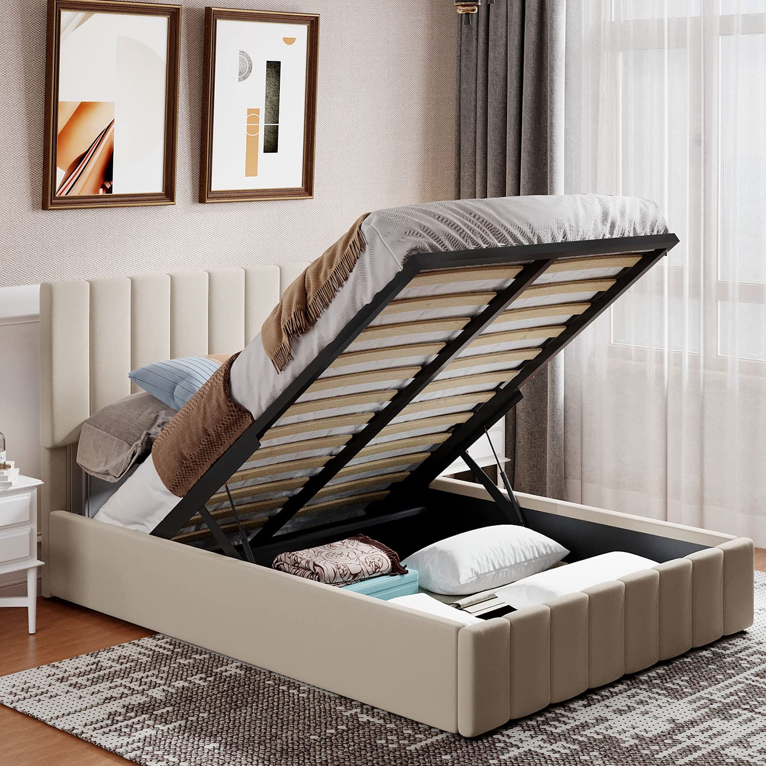 Harper & Bright Designs Full Size Upholstered Lift-Up Storage Bed with Tufted Headboard - Wooden Platform Bed Frame with Underbed Storage for Kids, Teens & Adults (Beige) | Space-Saving Bedroom Solution for Small Apartments & Dorm Rooms