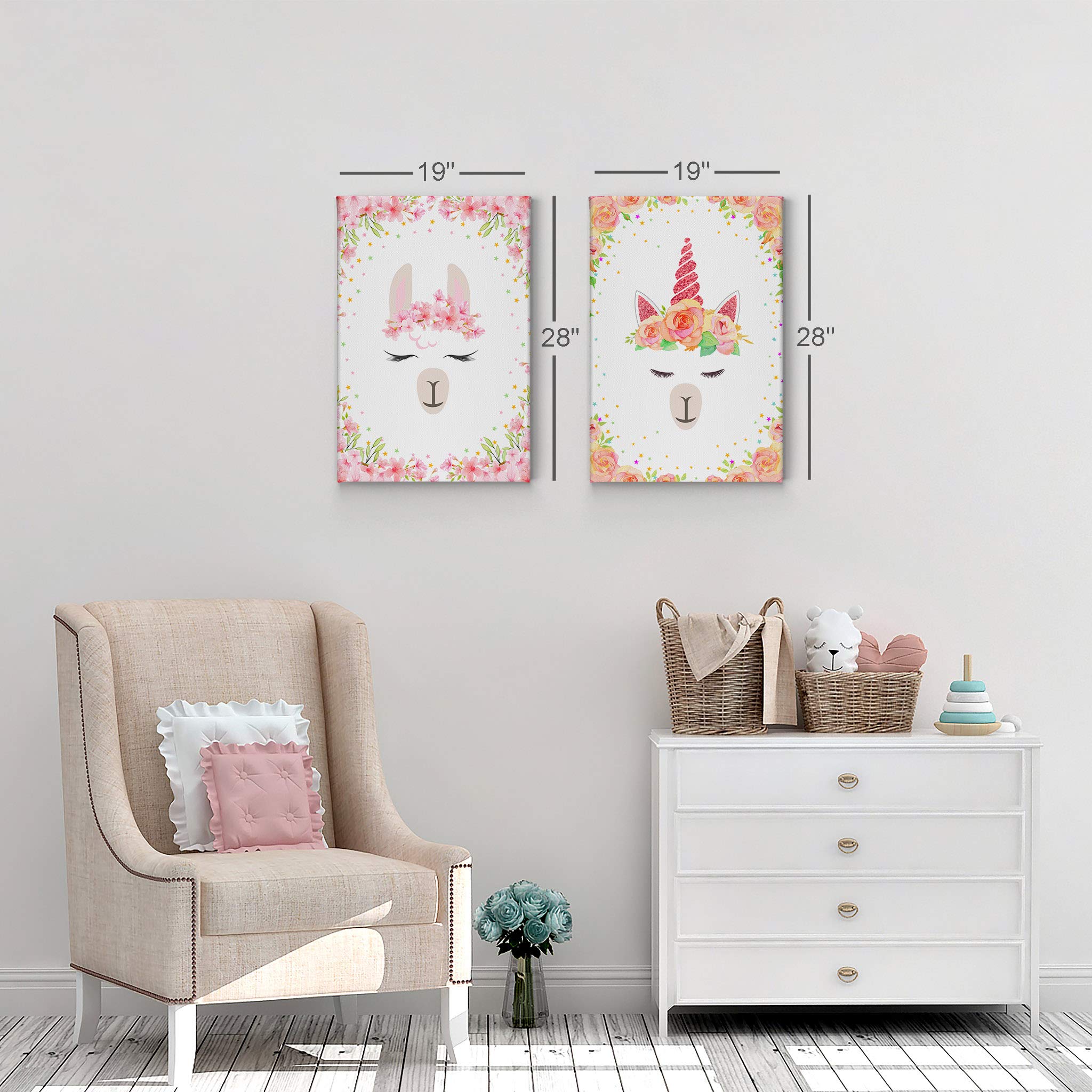 Cute Llama and Unicorn Wall Art - 2 Panel Canvas Print Set (40x30 inches) Floral Nursery Decor, Kids Room Decor, Baby Room Wall Art - Made in USA | Perfect for Nursery, Bedroom, Playroom & Gift Giving