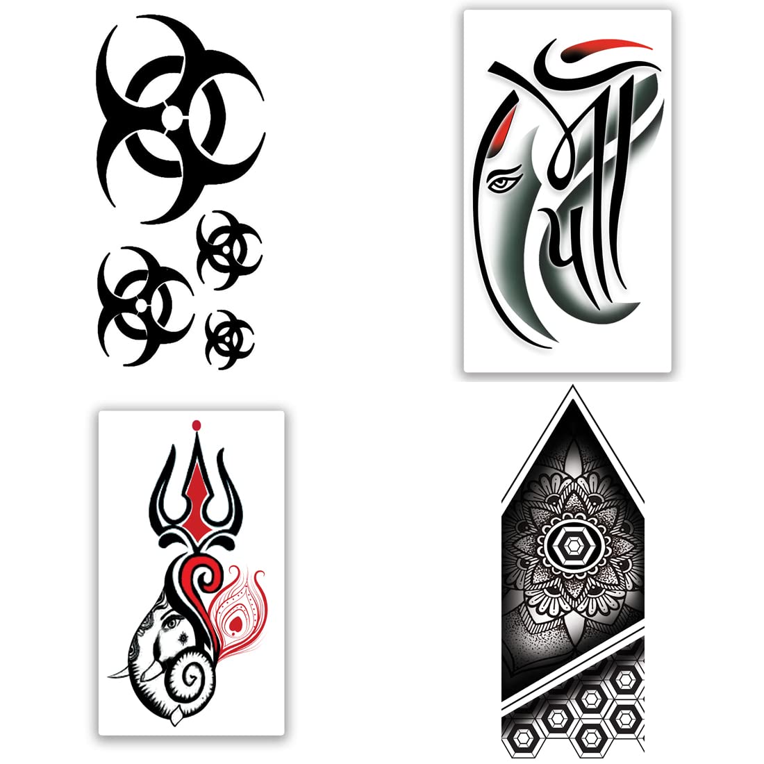 Om Trishul with Lord Ganesh Temporary Tattoo Stickers - Pack of 4 Hindu Spiritual Body Art for Men & Women (2x4 Inch) - Perfect for Festivals, Yoga, and Spiritual Events