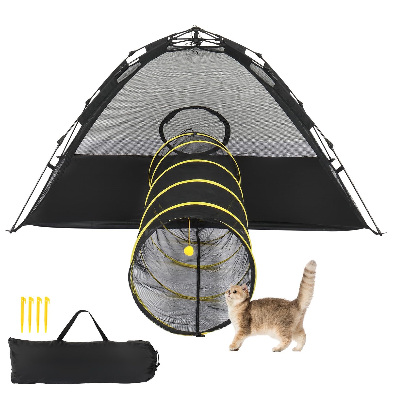Portable Cat Play Tent with Tunnel for Indoor & Outdoor Use - Enclosed Playhouse for Cats, Rabbits & Small Pets (Yellow) | Perfect for Backyard, Camping & Travel Adventures