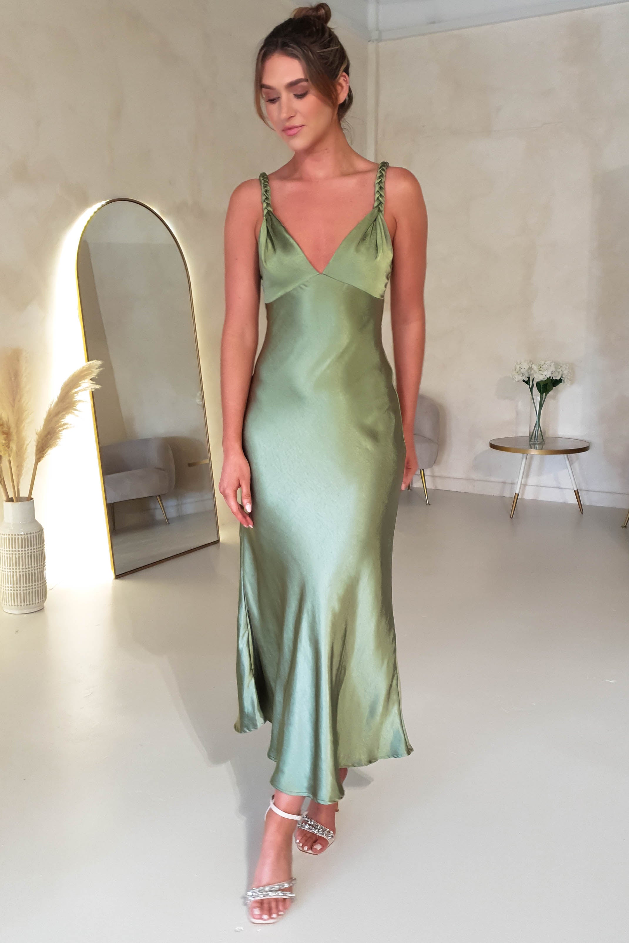 Bethanie Soft Satin Maxi Dress for Women - Elegant Olive Green Long Evening Dress | Perfect for Weddings, Parties & Special Occasions