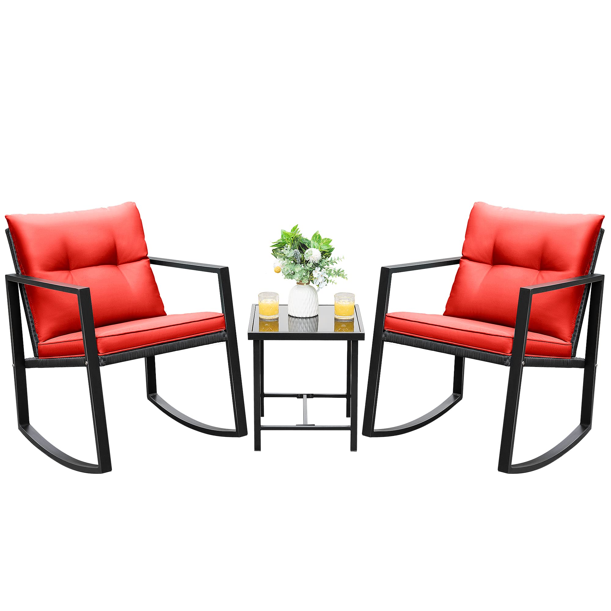 Devoko 3-Piece Wicker Patio Furniture Set - Outdoor Rocking Bistro Chairs with Glass Coffee Table - Red Conversation Set for Porch, Garden & Backyard Relaxation