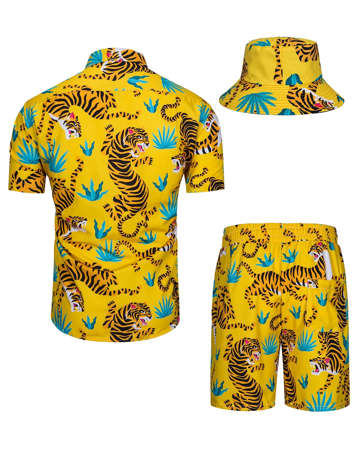 TUNEVUSE Men's Hawaiian Shirt and Shorts Set - 2 Piece Tropical Beach Outfit with Floral Print & Bucket Hat | Summer Vacation, Luau Party, Poolside Relaxation Outfit