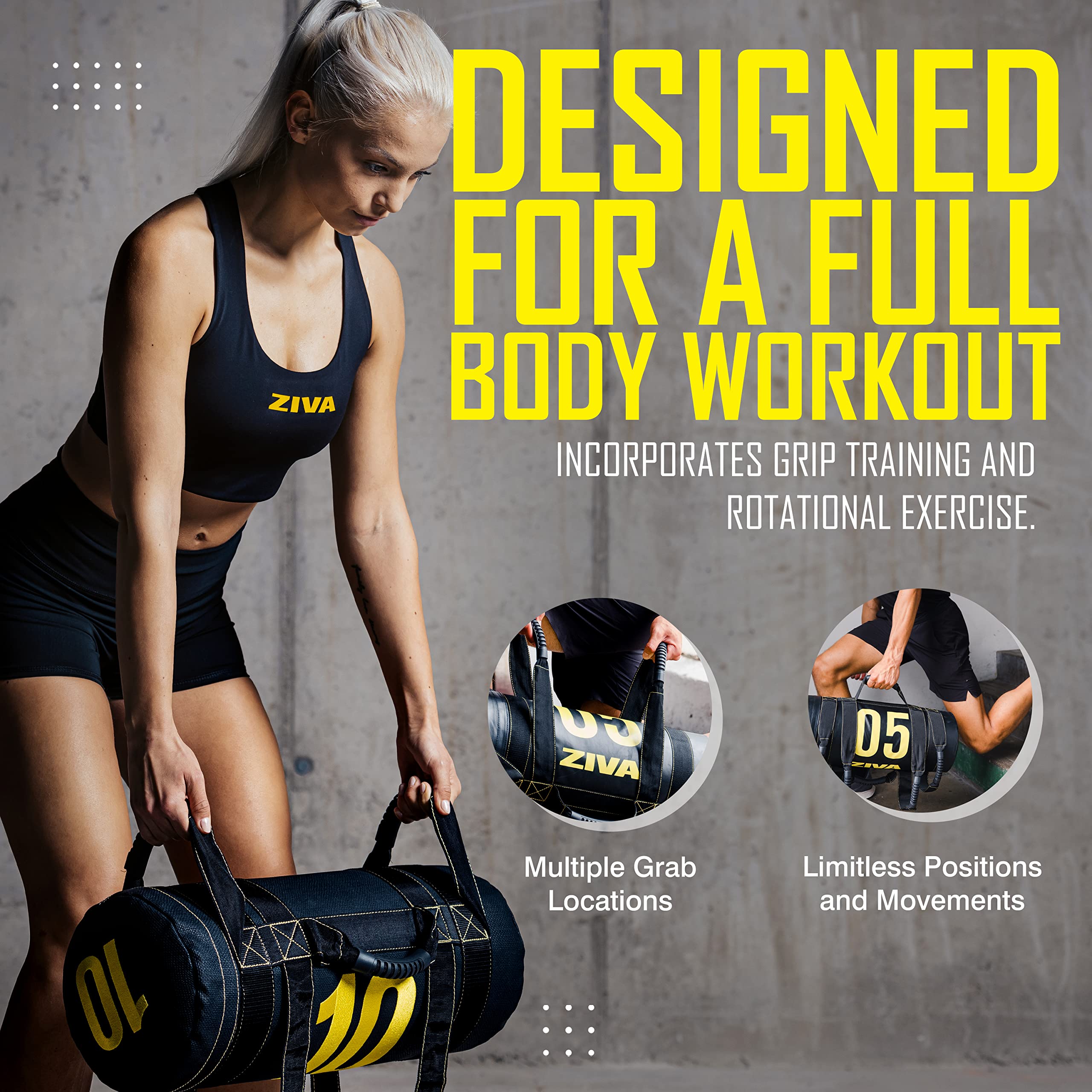 ZIVA 10-50 lbs Adjustable Weighted Sandbag for Strength Training, CrossFit & Home Gym Workouts | Heavy Duty Fitness Sand Bag with Comfortable Handles | Perfect for Functional Training, HIIT & Outdoor Exercises