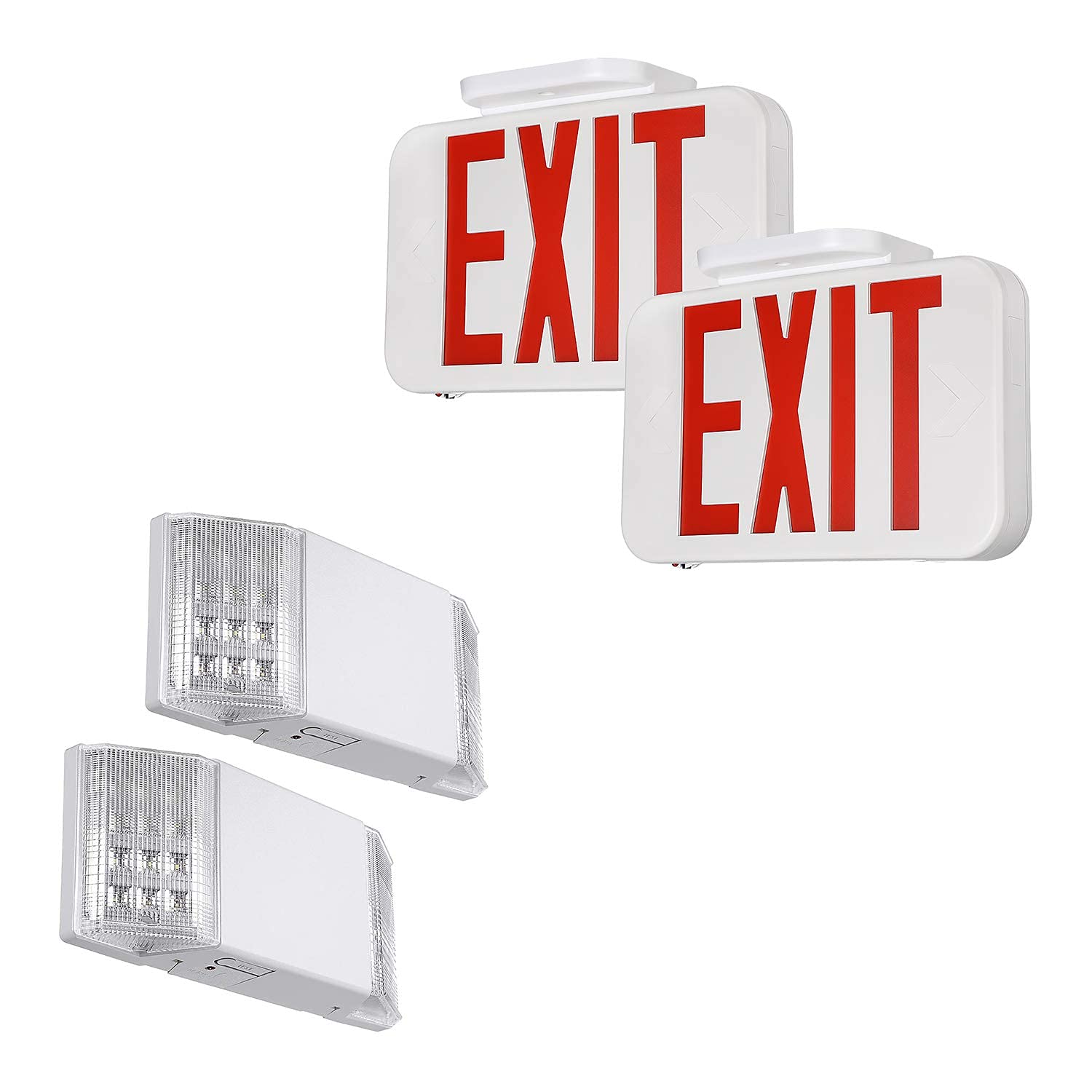 TORCHSTAR 2-Pack UL Listed LED Emergency Light Bundle - Square LED Exit Sign with Red Light, Dual Head & Single/Double Face for Commercial Buildings, Warehouses, and Office Safety Evacuation