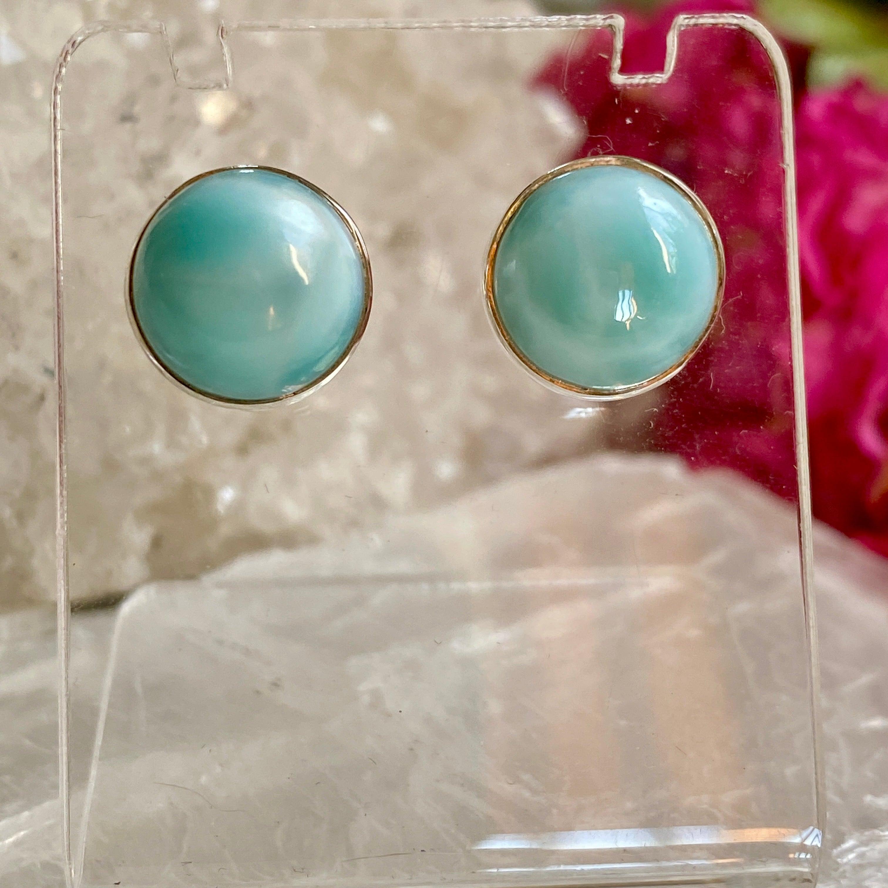 Larimar Round Stud Earrings KEGJ1004 - Handmade Gemstone Jewelry for Women, Perfect for Everyday Wear & Gift Giving