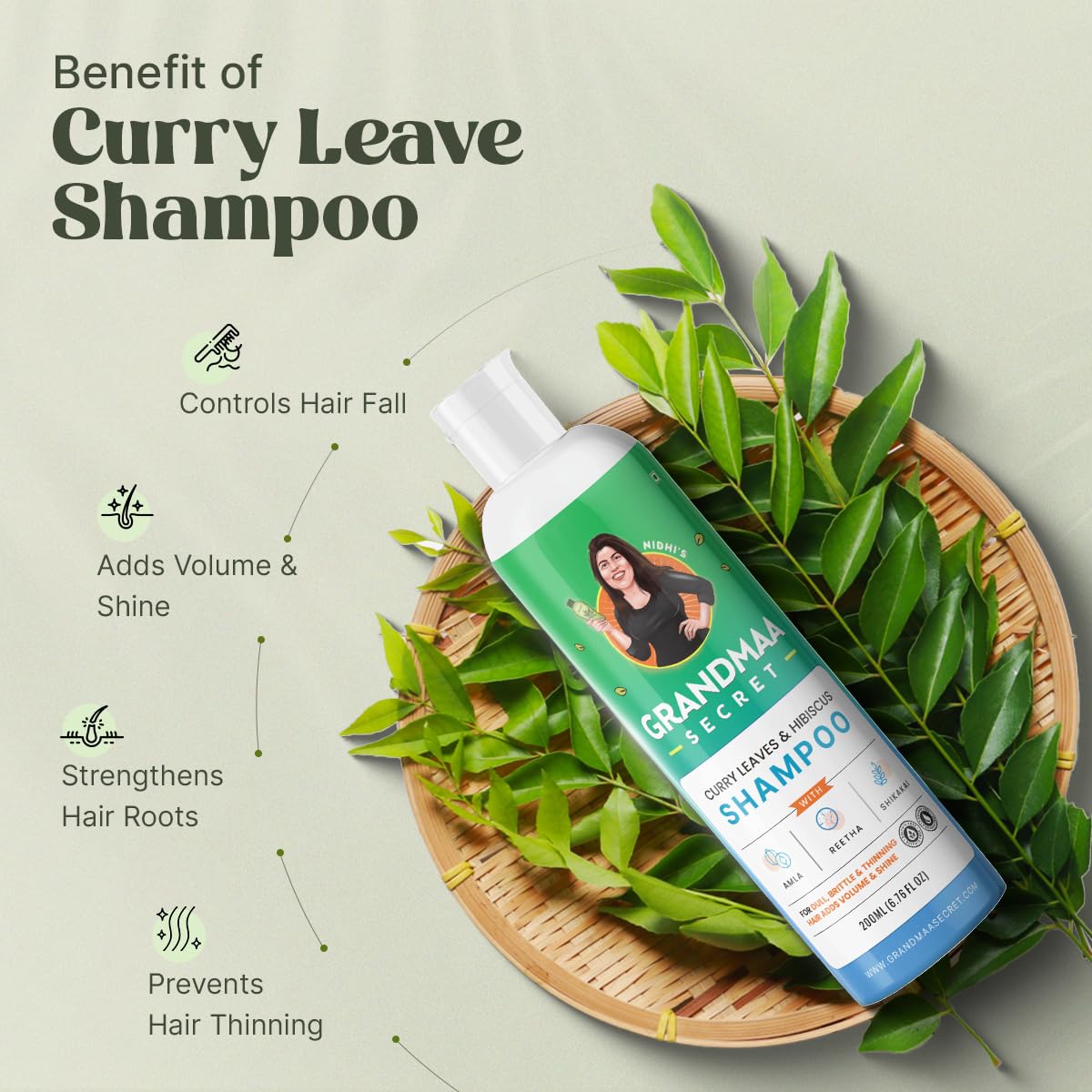NIDHI’S GRANDMAA SECRET Herbal Shampoo for Hair Fall Control | Natural Anti-Dandruff Shampoo with Curry Leaves & Hibiscus | Frizzy & Damaged Hair Repair | Paraben & Sulphate Free | 200mL | Perfect for Daily Hair Care Routine at Home or Salon