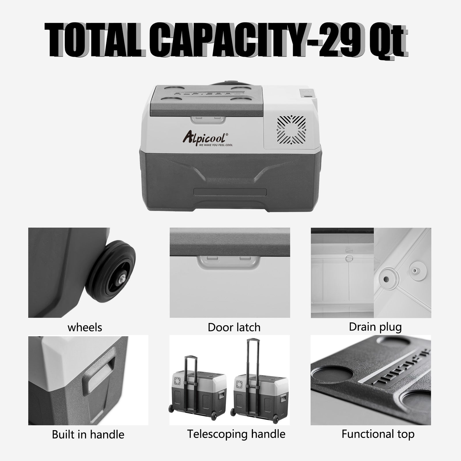Alpicool CX30 12V Portable Car Refrigerator Freezer - 30 Quart Compact Fridge for Road Trips, Camping & Outdoor Adventures
