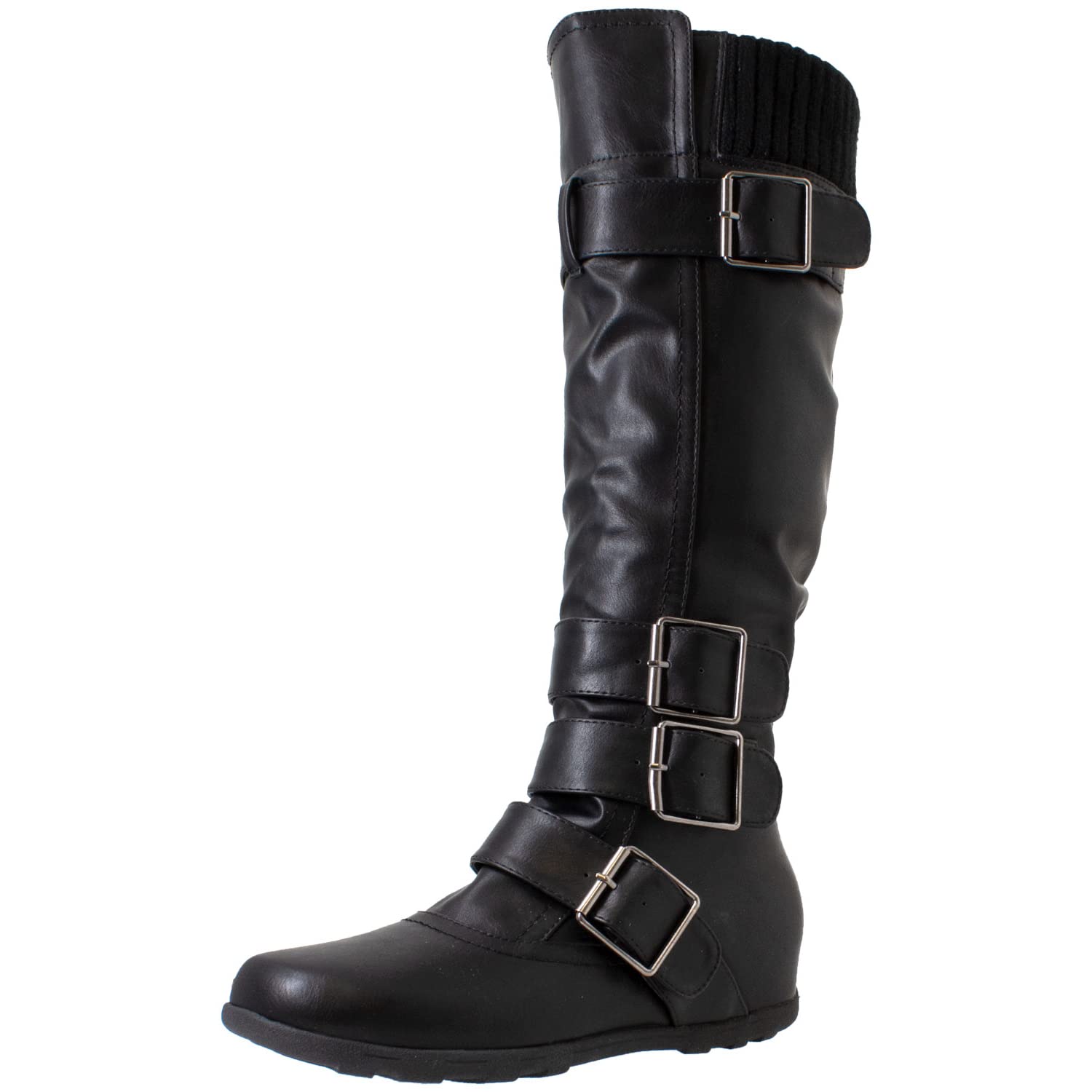 Stylish Women's Knee High Boots with Knitted Cuff & Buckle Details - Comfortable Wedge Heel & Rubber Sole for Fall/Winter Fashion | Perfect for Office, Dating & Casual Outfits