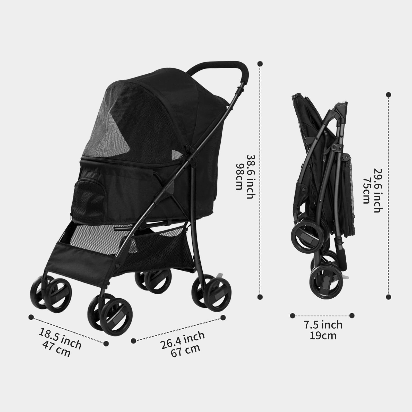 Foldable Jogger Pet Stroller with Weather Cover & Storage Basket - Lightweight Travel Carrier for Small/Medium Dogs & Cats up to 50lbs (Black) - Perfect for Park Walks, Vet Visits & Outdoor Adventures
