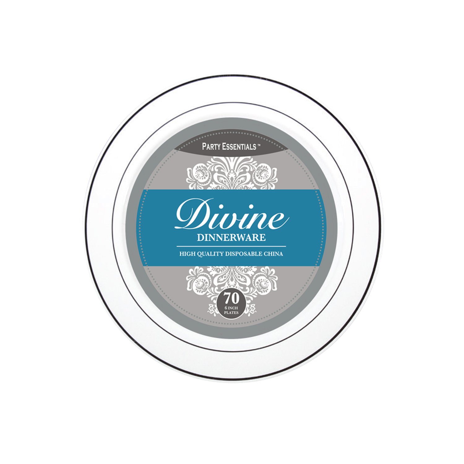 Divine White Plastic Plates with Silver Rim - 6 Inch Elegant Disposable Plates, Pack of 420 - Perfect for Weddings, Parties, and Special Events