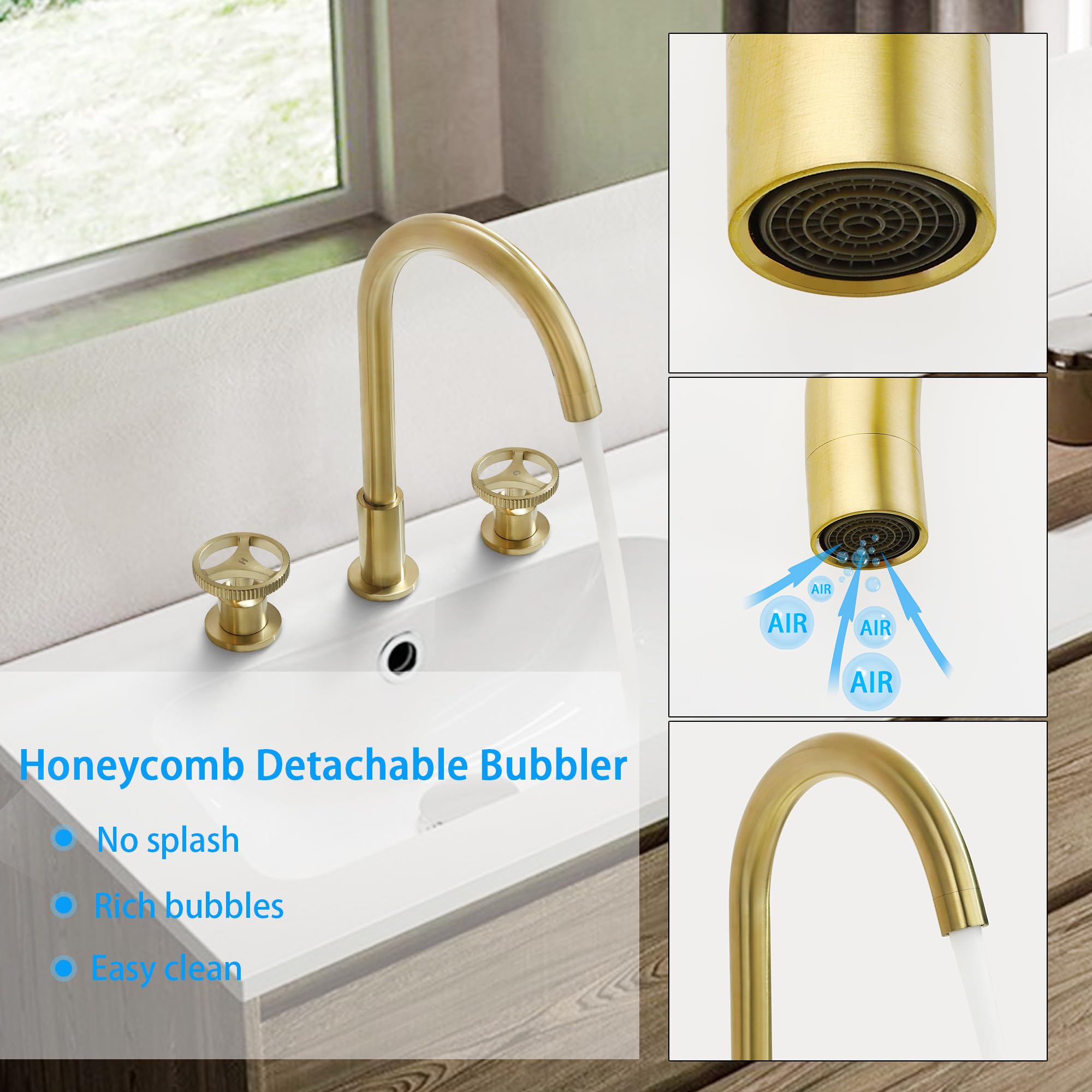 Modern Brushed Gold Widespread Two-Handle Bathroom Vanity Faucet - Deck Mount 3-Hole Gooseneck Sink Faucet for Bathroom & Powder Room Renovation | Perfect for Contemporary Home Decor