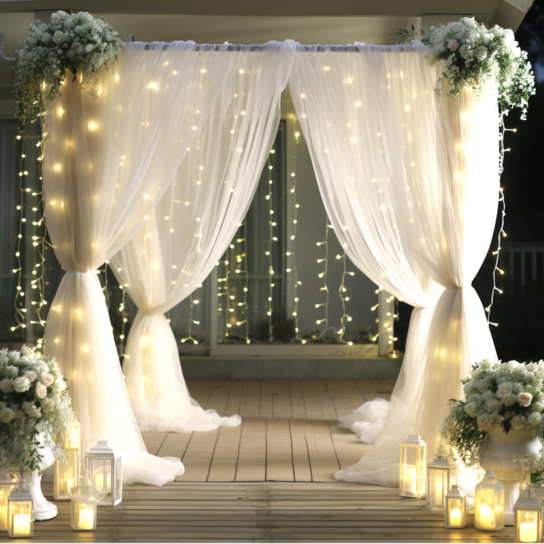 20x10ft White Tulle Backdrop Curtain with Fairy Lights - Sheer Wedding Photo Backdrop for Ceremony, Reception, Bridal Shower, Baby Shower & Birthday Party Decorations - Perfect for Indoor/Outdoor Events & Photography