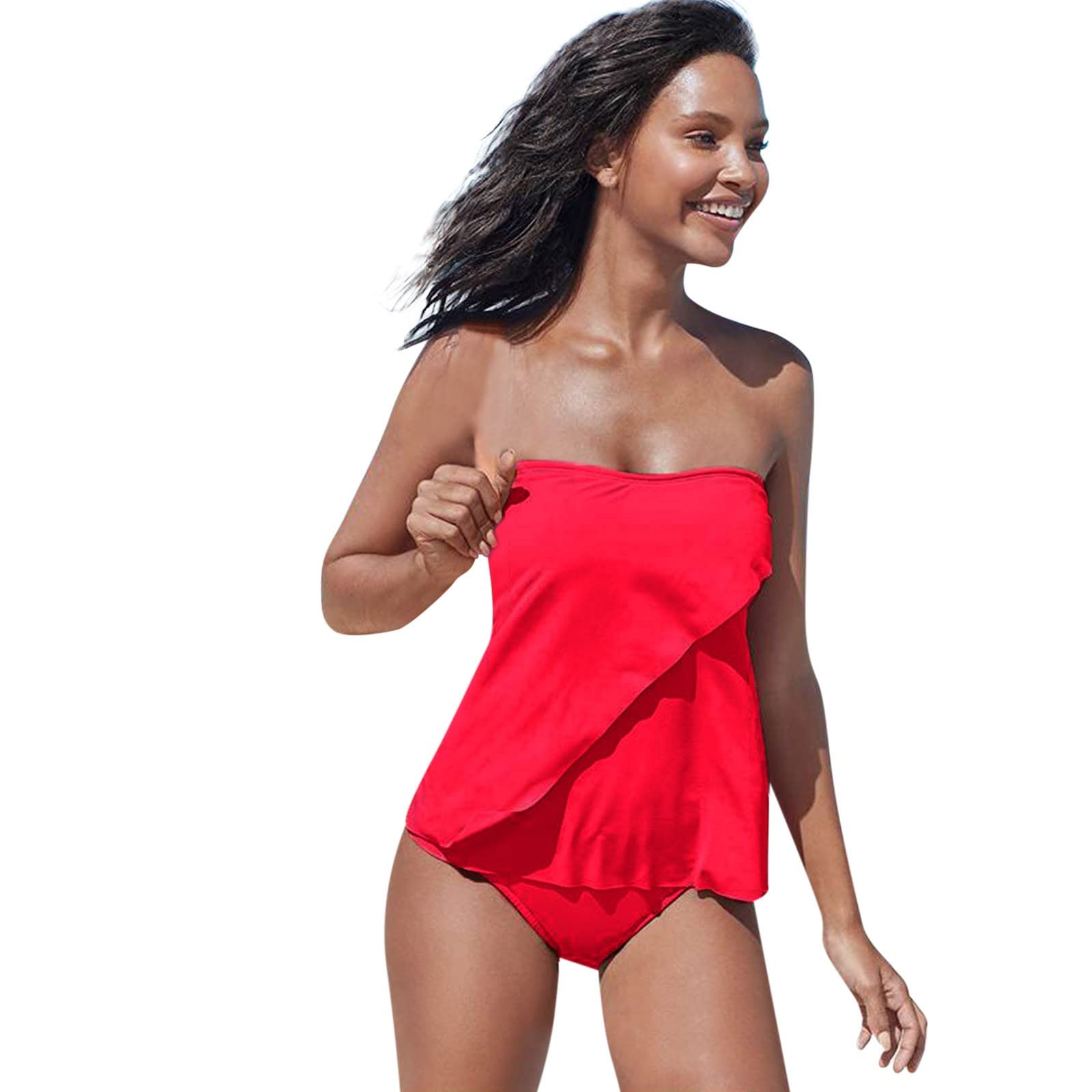 XXVR Women's Sexy Twist Front Bandeau Tankini Top & Boyshort Swimwear Set - Solid Color Shirred Blouson Two-Piece Bathing Suit for Beach, Pool & Vacation | Trendy Printed Strappy Tankini for Women