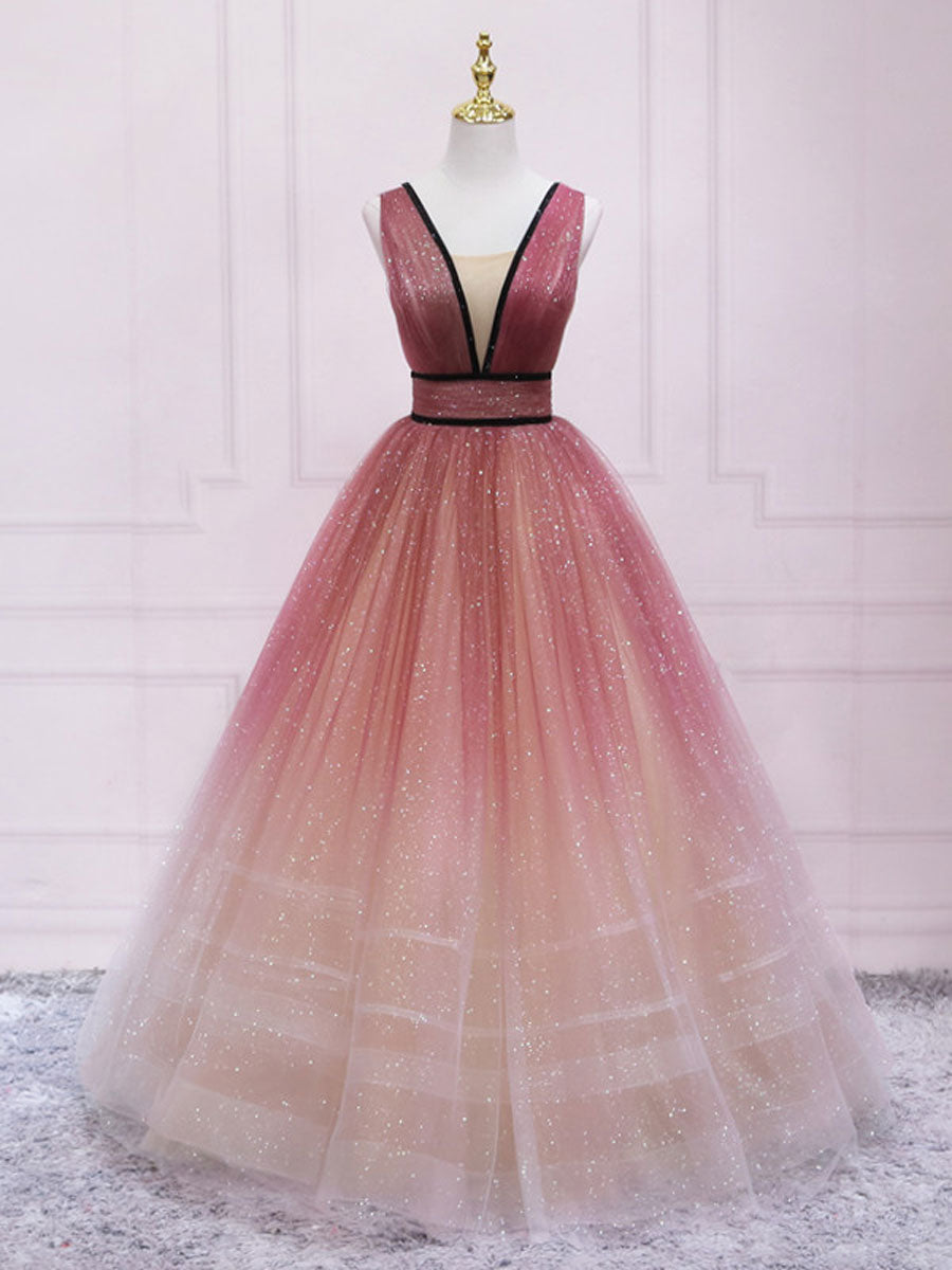Elegant V-Neck Tulle Long Prom Dress for Women - Formal Graduation Gown with Flowy Skirt | Perfect for Homecoming, Prom Night & Special Occasions