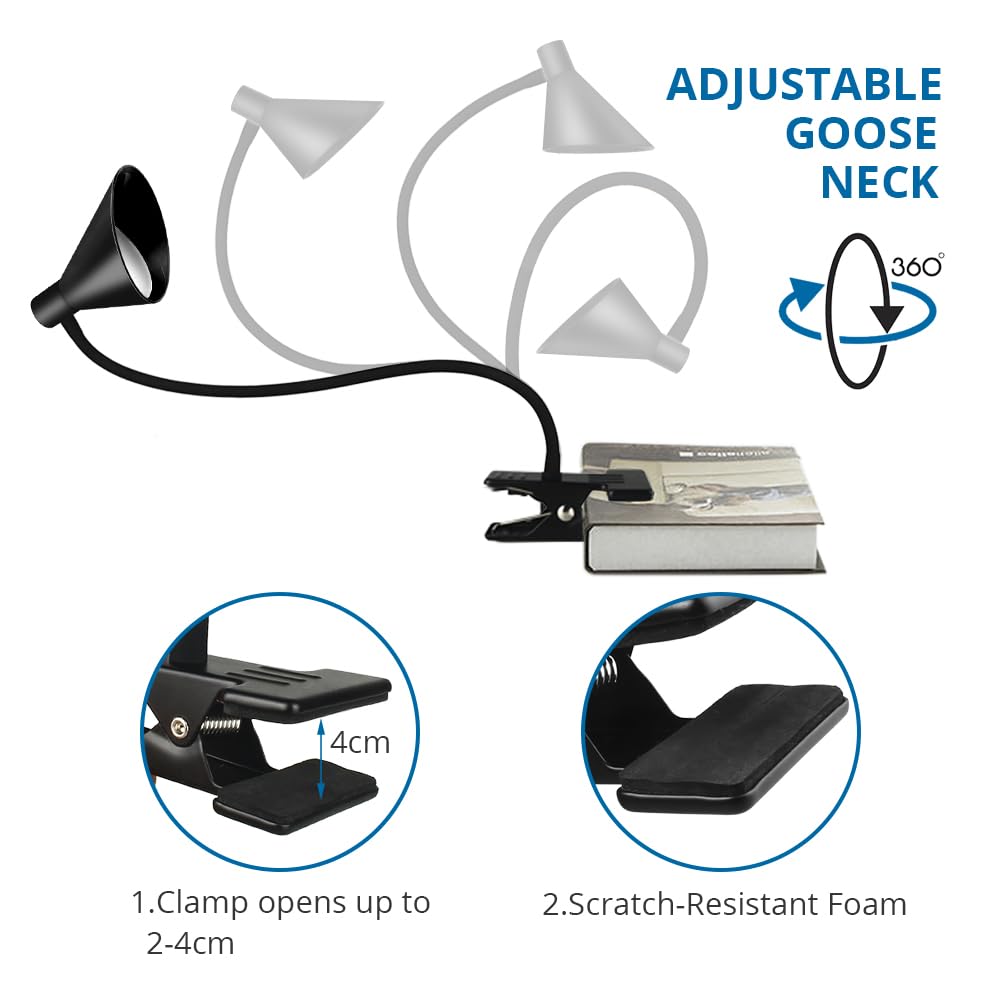Lzonunl Clip-On Desk Lamp - 3 Light Modes & 5 Dimmable Brightness Levels, Eye-Caring LED Reading Light with Flexible Gooseneck, Adjustable Table Clamp Lamp for Office, Bedroom, Study - Perfect for Night Reading, Computer Work & Craft Projects (Black)