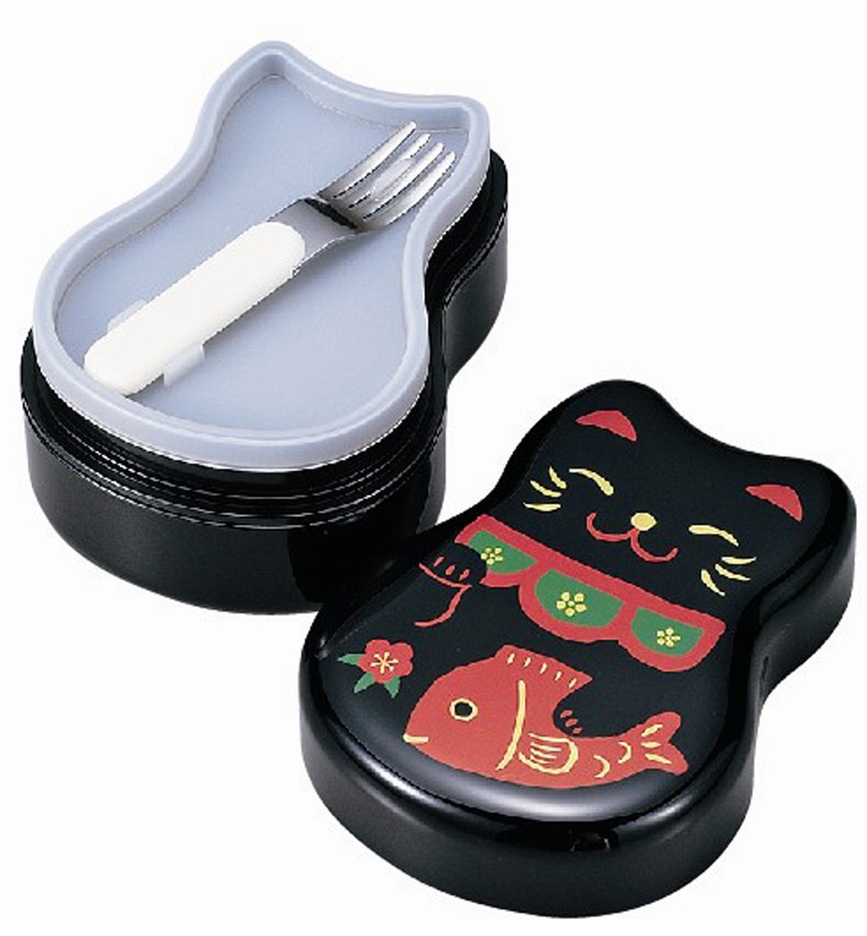 Tatsumiya 2-Tier Bento Lunch Box with Black Maneki Cat Design - Insulated Japanese Style Food Container for Office, School & Picnic
