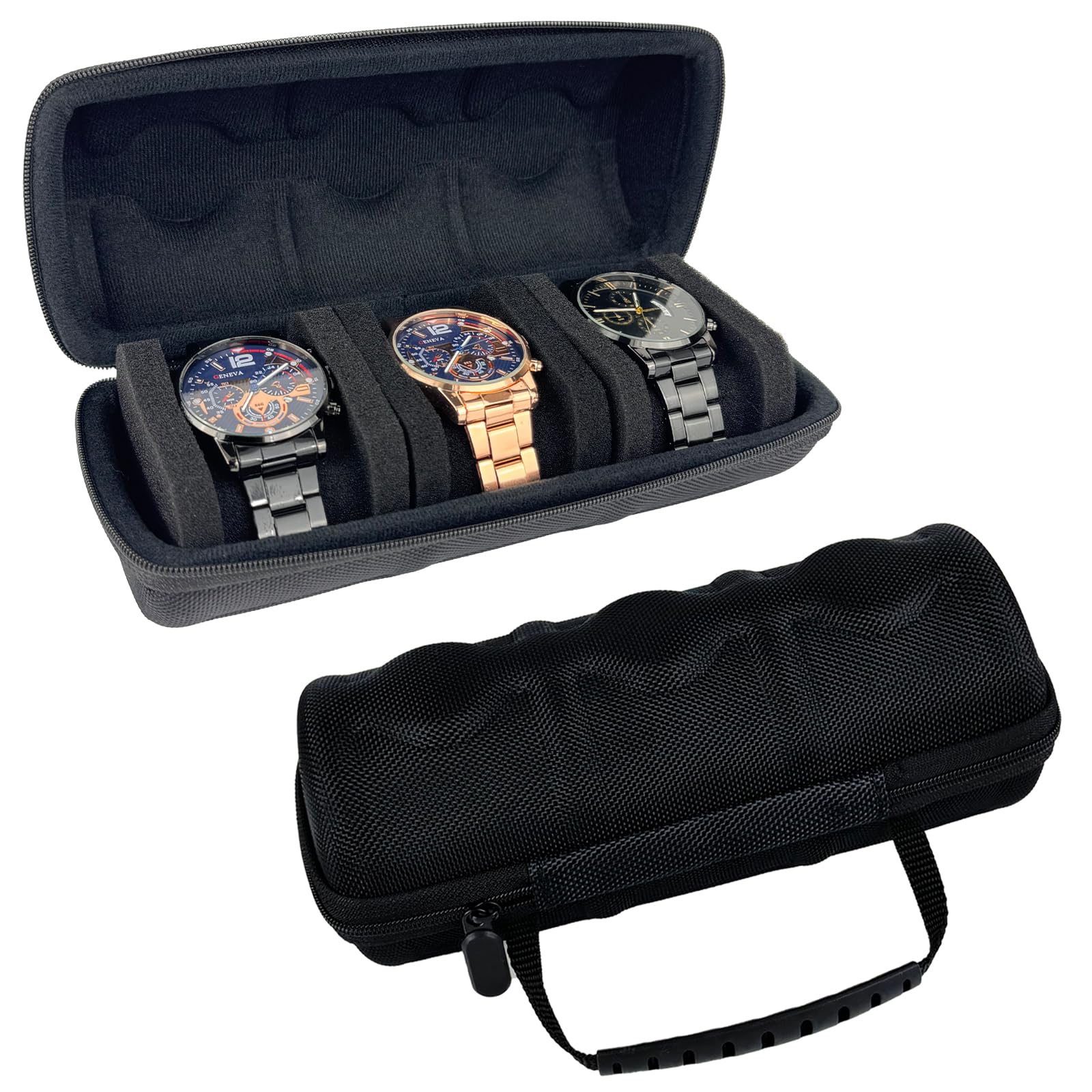 Premium 3-Slot Travel Watch Case for Men & Women - Portable Zipper Closure Watch Organizer Box with Handle for Wristwatches (Black) - Perfect for Business Trips, Vacations & Daily Storage