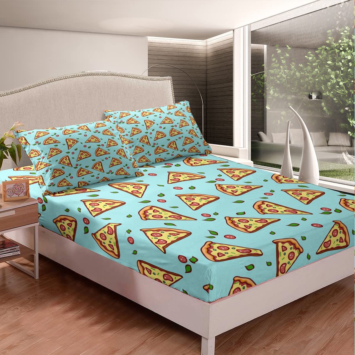 Feelyou Pizza Themed Bed Set - Fast Food Print Twin Size Bedding for Kids & Teens - Includes 1 Sheet & 1 Pillowcase - Fun Food Design for Boys & Girls Bedrooms - Perfect for Pizza Lovers' Rooms, Sleepovers & Themed Parties