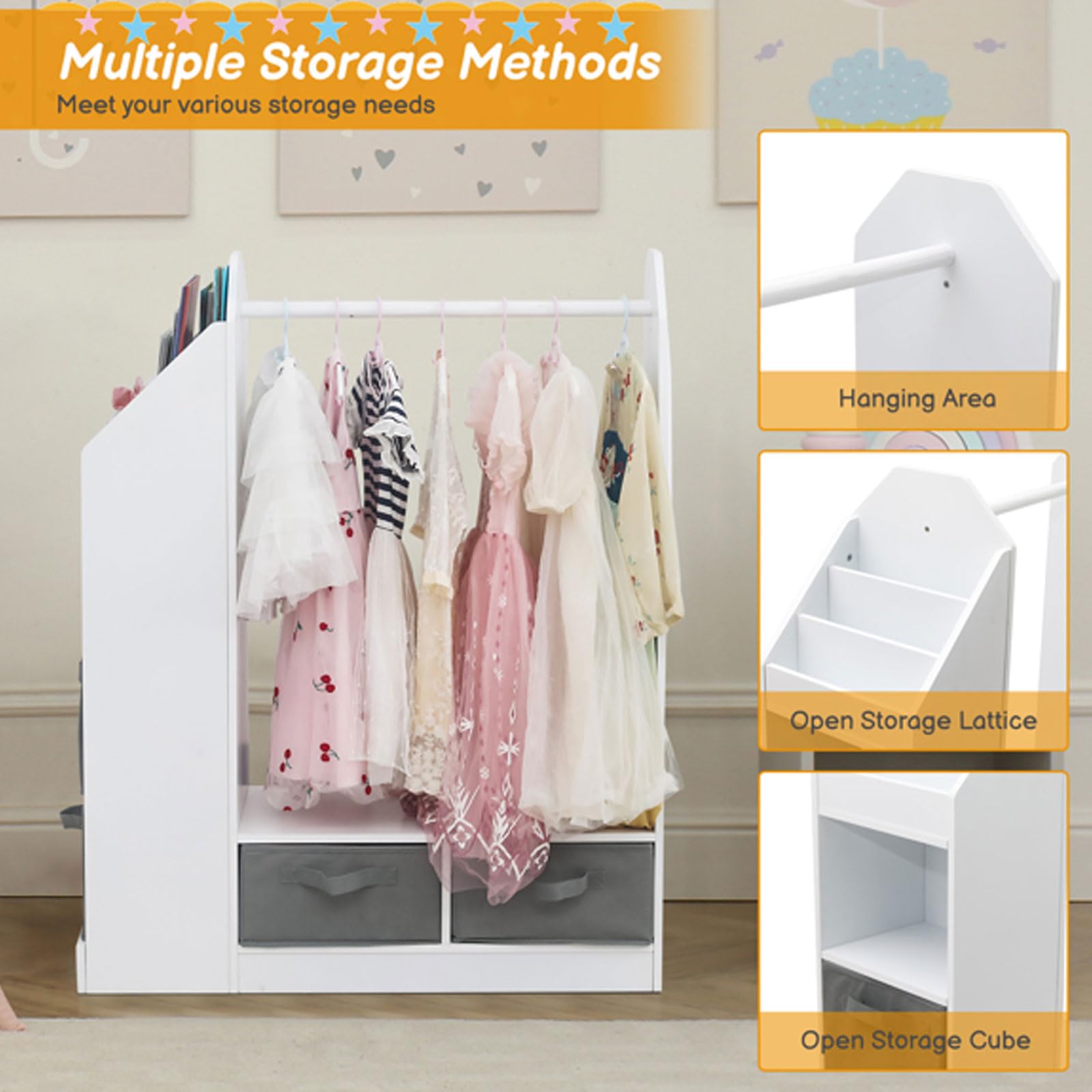 Kids Dress Up Storage Organizer with Mirror & Storage Bins - Hanging Costume Closet for Bedroom & Playroom | Perfect for Pretend Play, Dress Up Parties & Toy Organization