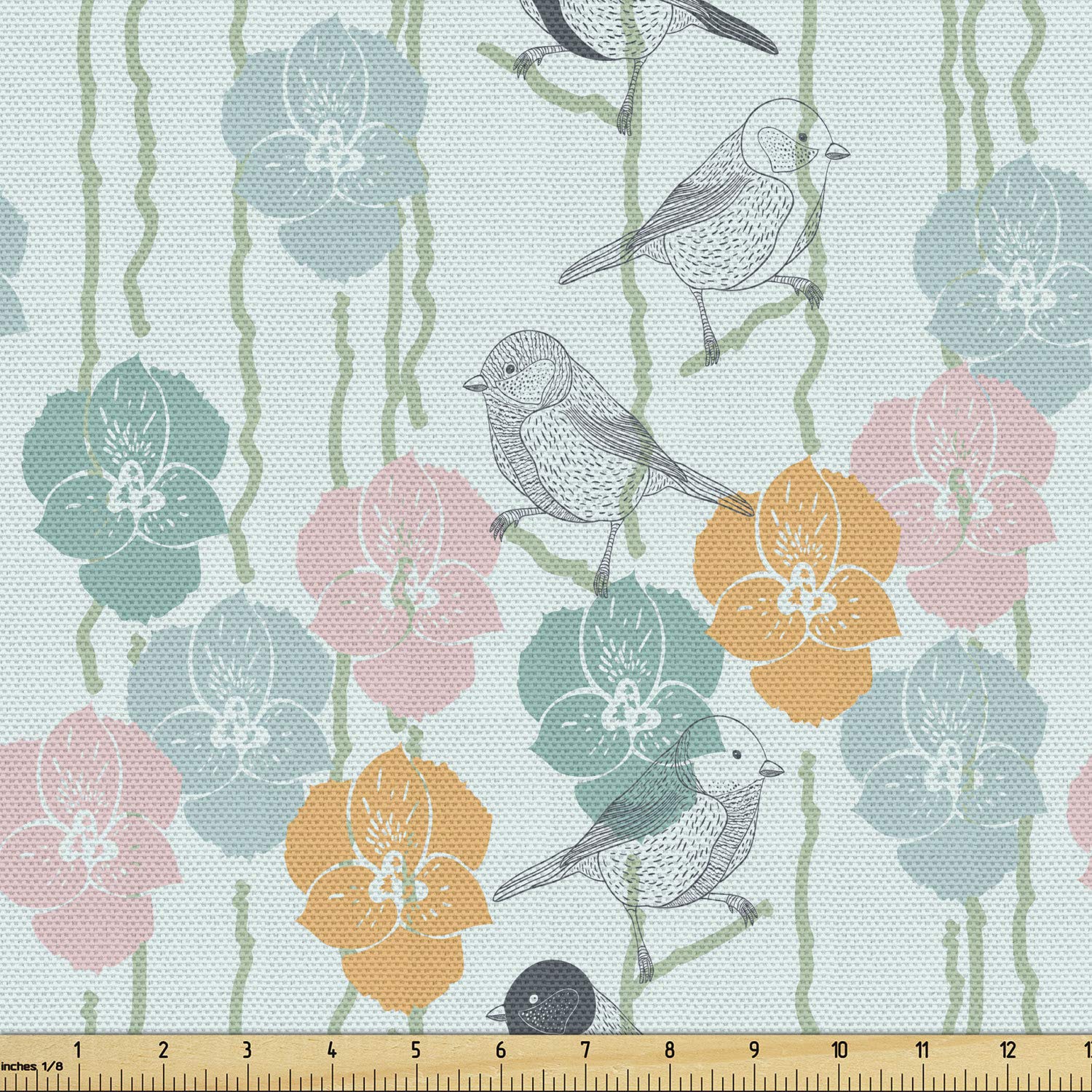 Ambesonne Spring Fabric by The Yard - Creative Abstract Floral Bird Pattern for Upholstery, Curtains & Home Decor | 2 Yards Pale Blue Multicolor Fabric | Perfect for DIY Projects, Pillow Covers & Table Runners