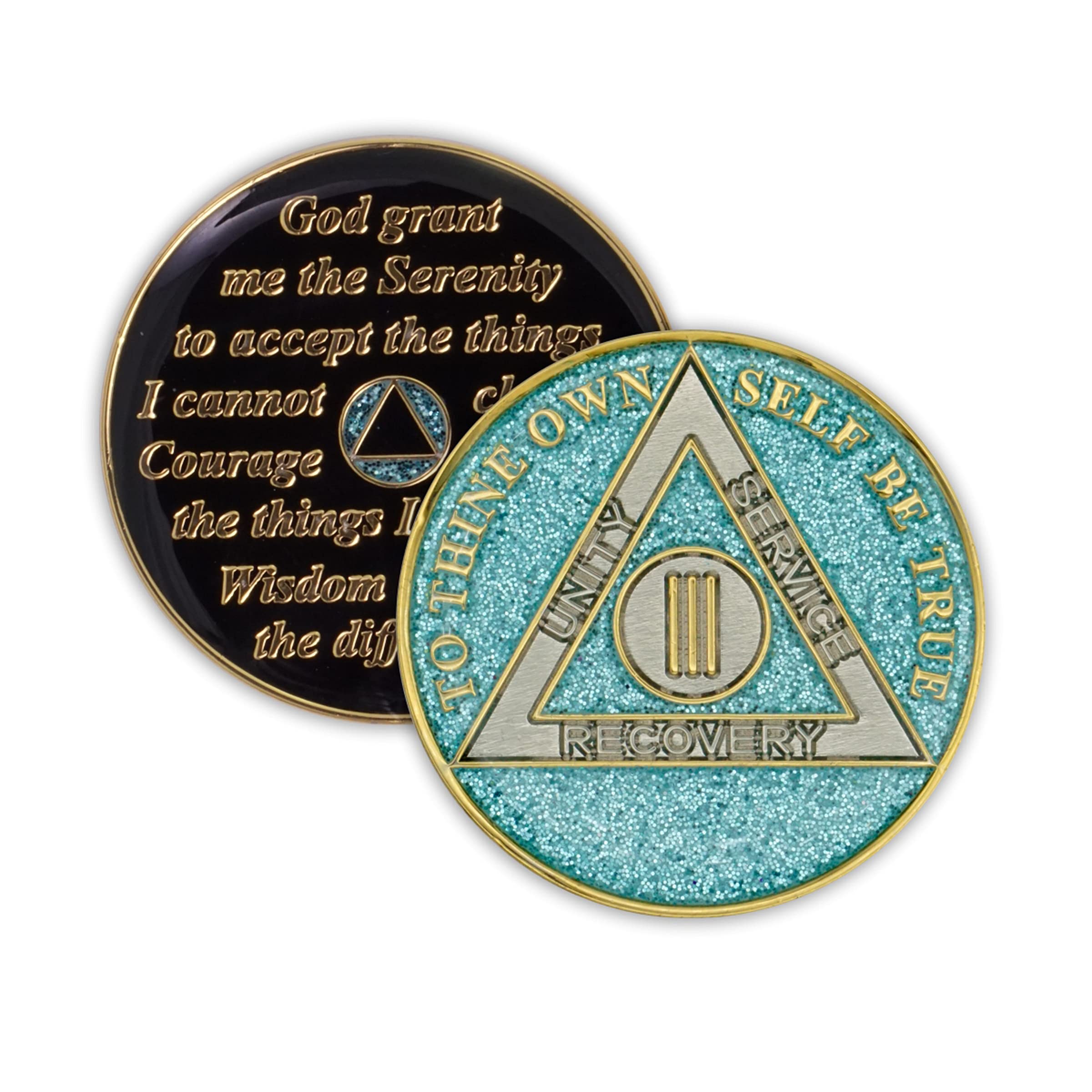 3 Year Sobriety Coin - Glitter Triplate AA Chip Recovery Anniversary Token (Blue) | Celebrate Sobriety Milestones & 12-Step Programs - Perfect for AA Meetings, Gifts & Personal Motivation