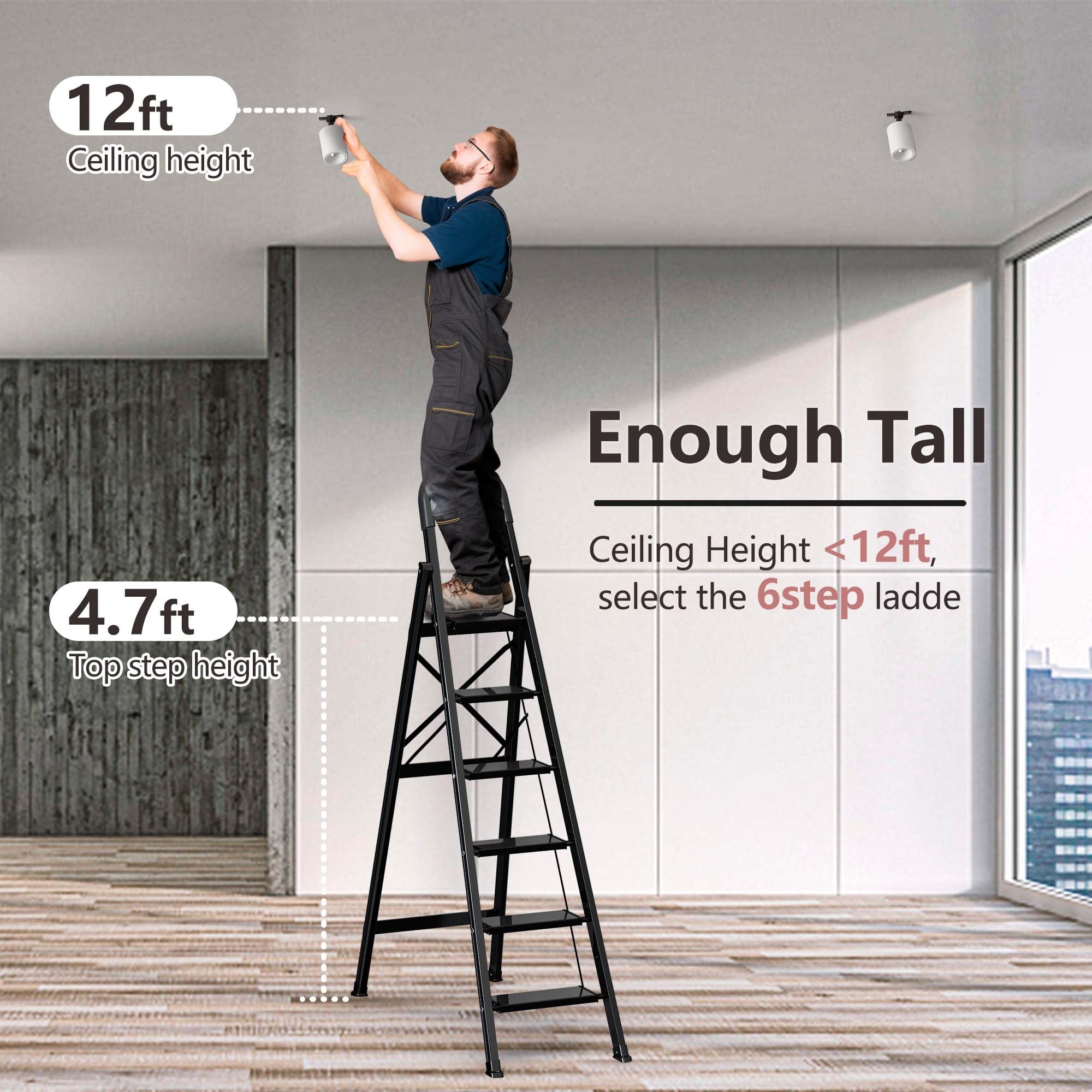 Lightweight Aluminum 6 Step Folding Ladder with Anti-Slip Wide Pedal - Space Saving Step Stool for Home, Kitchen, Garage & Office Use (Black)