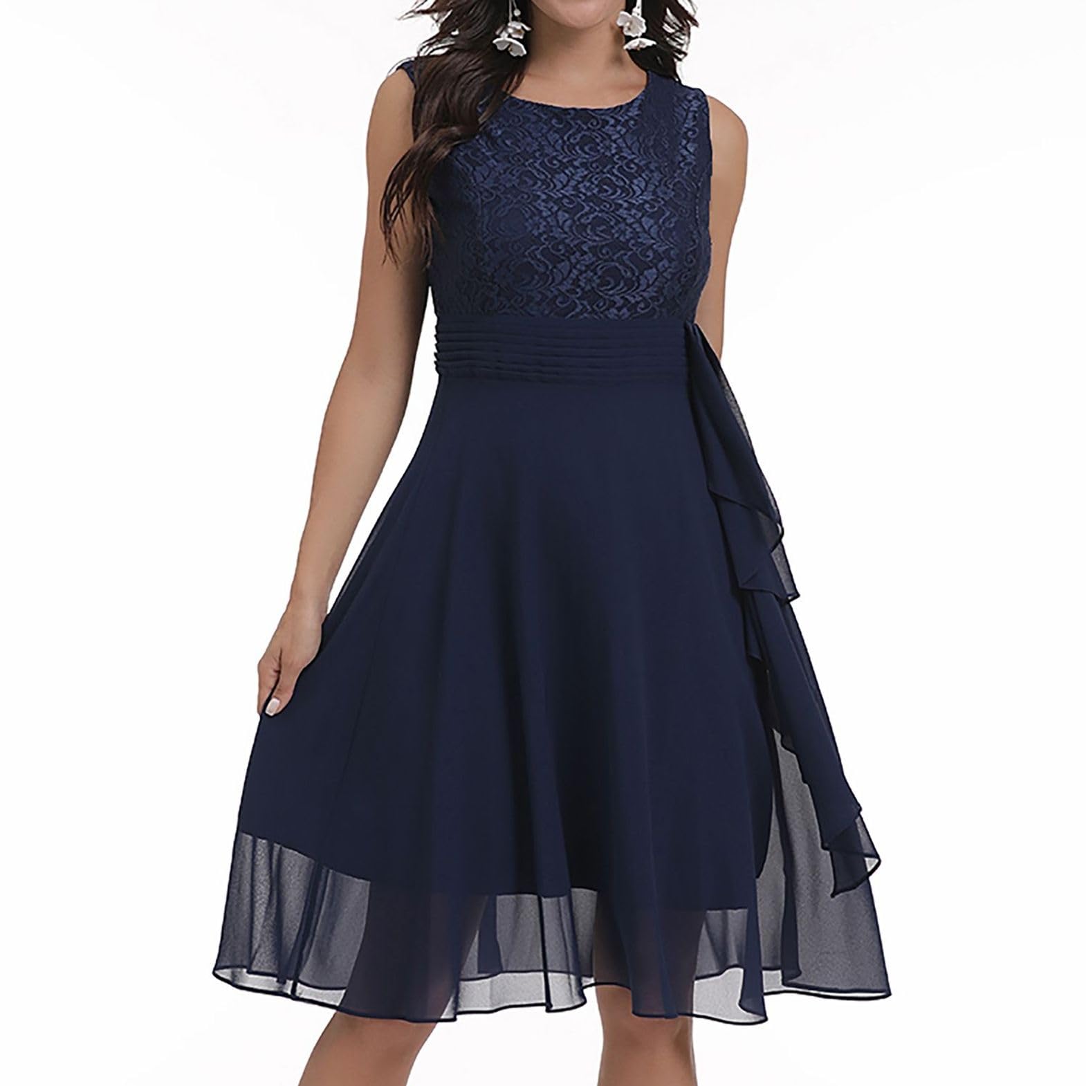 Elegant Women's Sleeveless Lace Prom Dress - High Waist Midi Homecoming Party Dress for Summer Semi-Formal Occasions | Perfect for Graduation, Wedding Guest & Cocktail Events