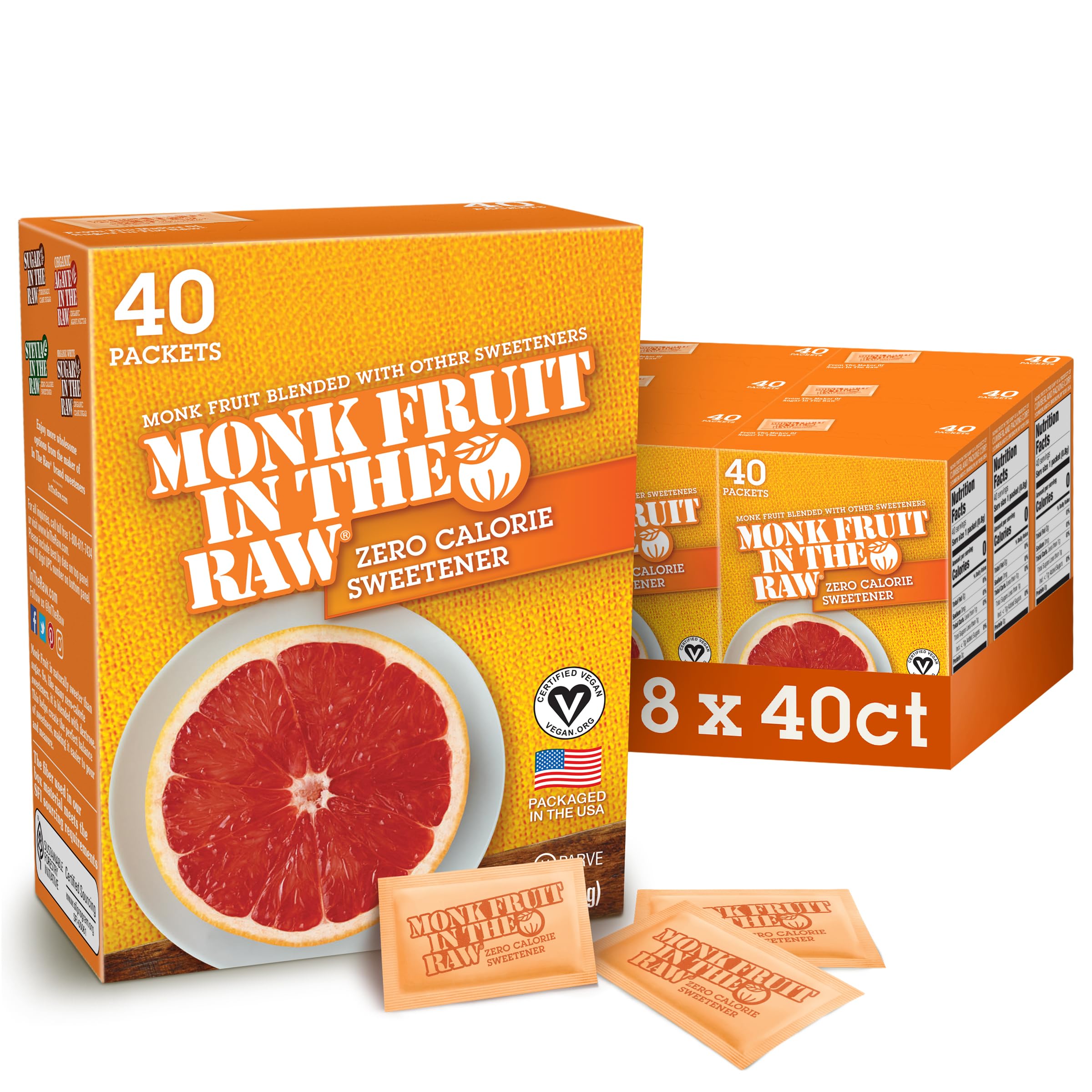 MONK FRUIT IN THE RAW - Natural Monk Fruit Sweetener, Sugar-Free, Gluten-Free, Zero Calorie, Vegan Sugar Substitute, 40 Count Packets (Pack of 8) - Perfect for Coffee, Tea, Baking & Keto Diet