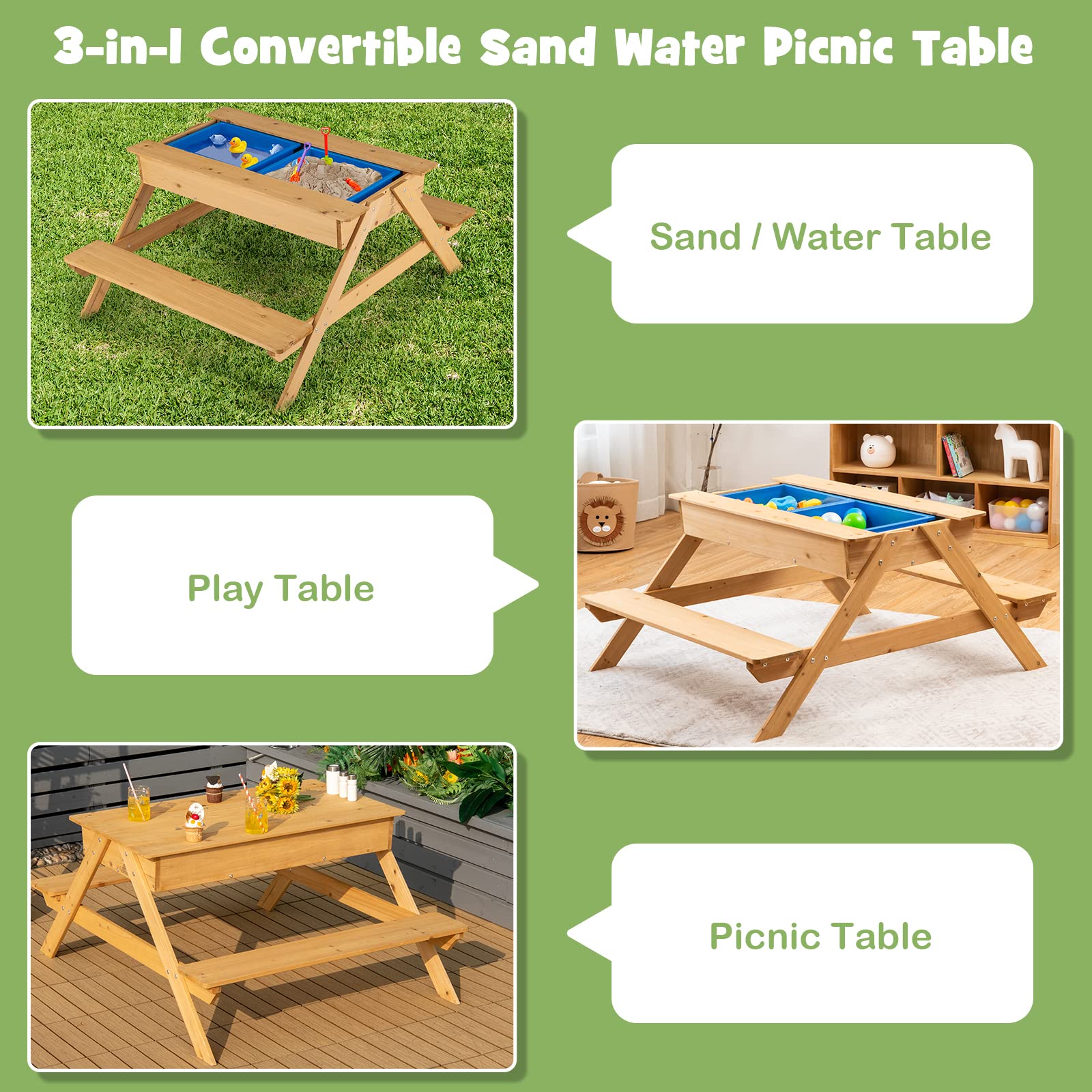 HONEY JOY Kids Picnic Table - 3-in-1 Convertible Sand & Water Play Table with 2 Storage Bins & Detachable Tabletop - Wooden Outdoor Bench Set for Backyard, Garden & Patio - Perfect for Toddler Activities, Sensory Play & Outdoor Fun