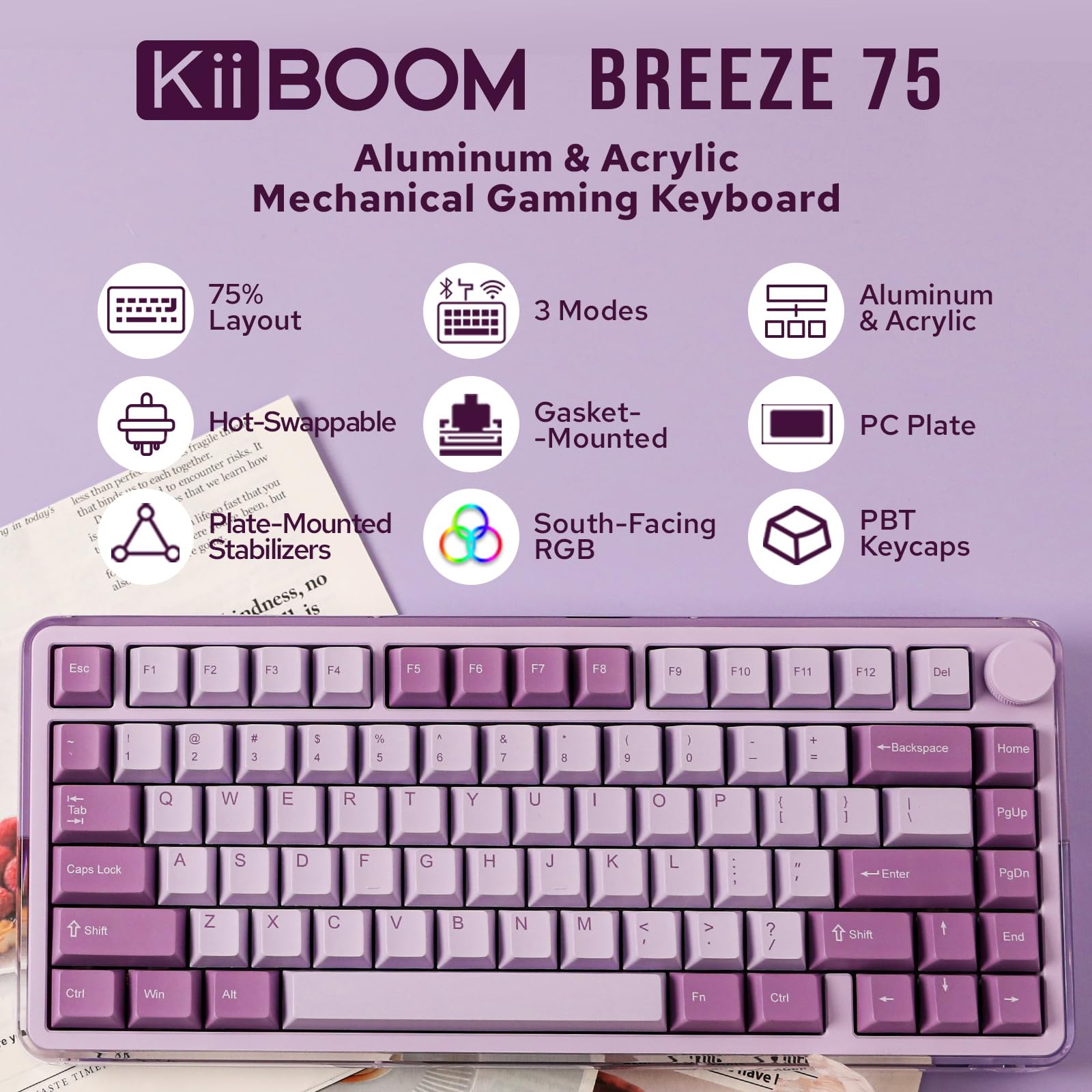 KiiBoom Breeze 75 Wireless Mechanical Keyboard - RGB, 8000mAh, for Gaming & Office (Purple)